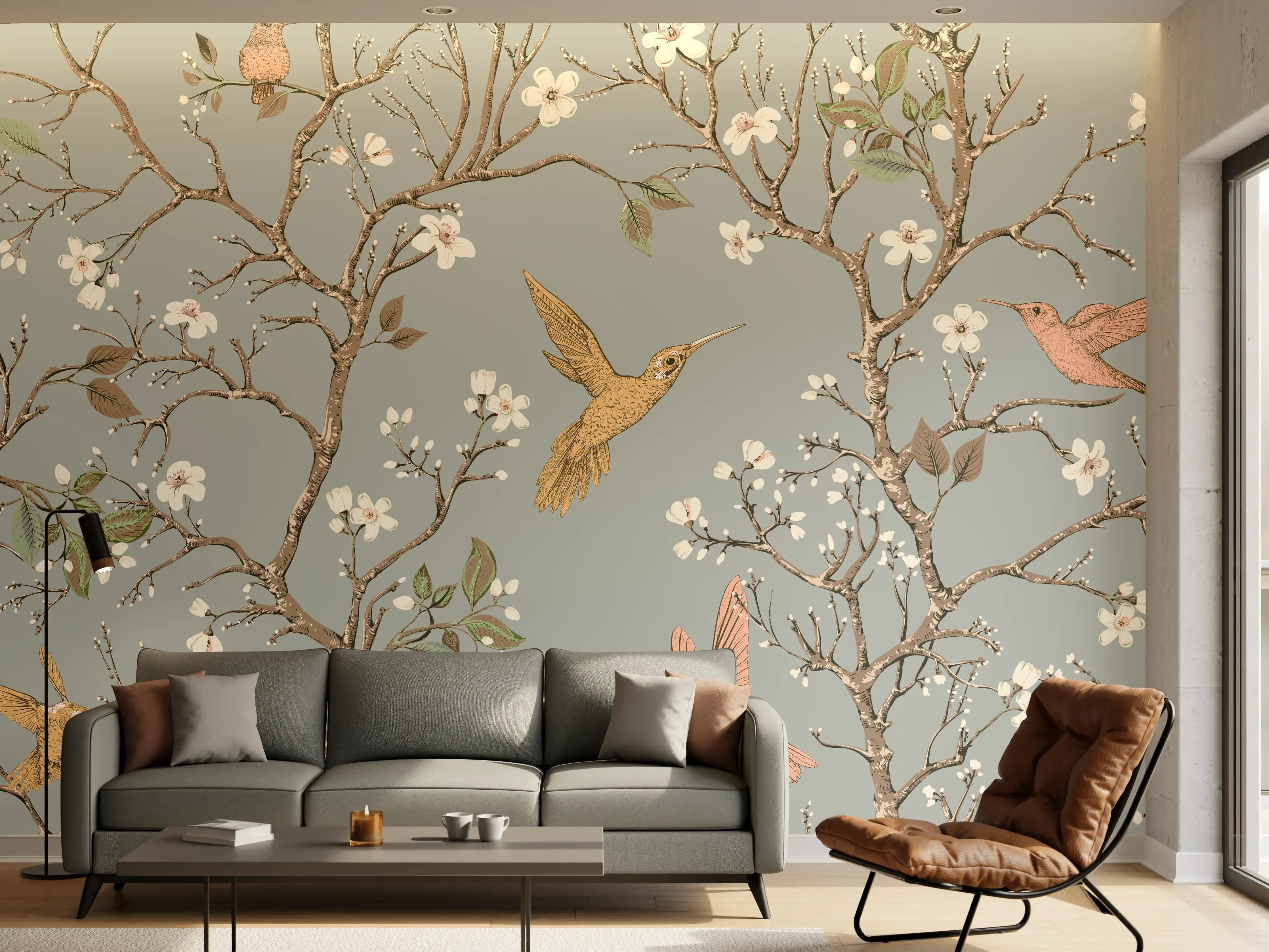 Wandverkleidung Wohnzimmer - Vögel & Blütenzweige Muster
