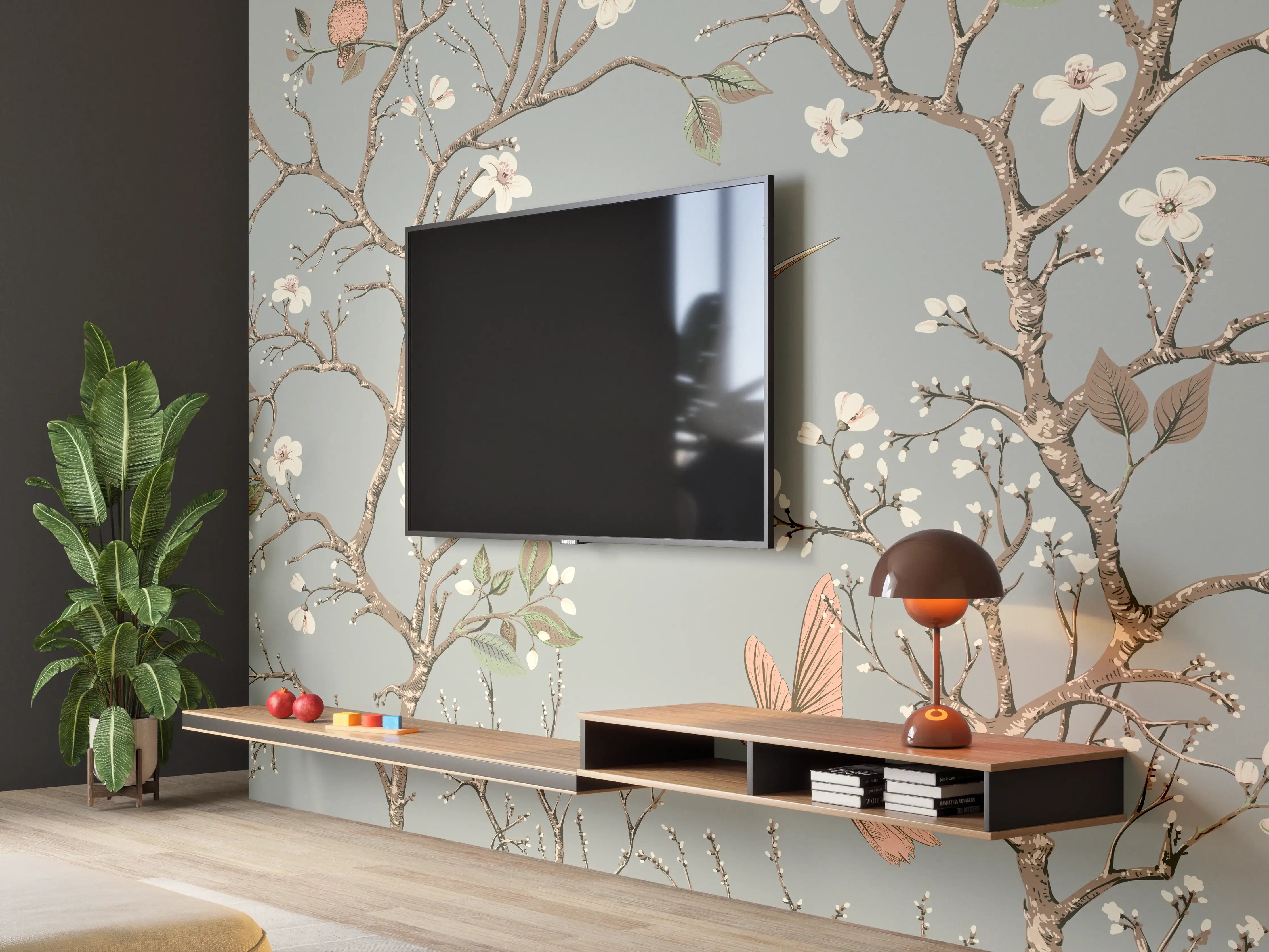 Wandverkleidung Wohnzimmer - Vögel & Blütenzweige Muster