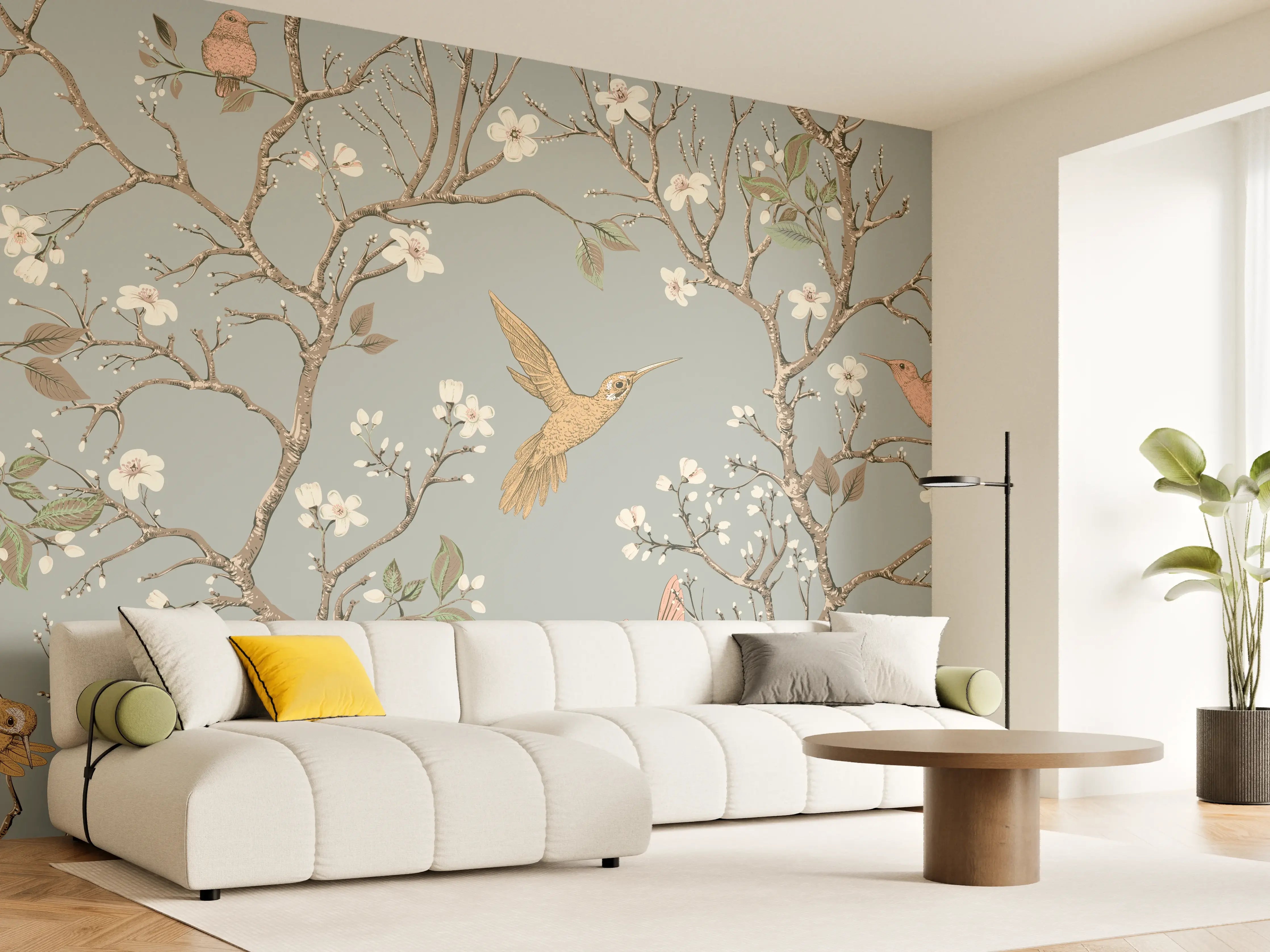 Wandverkleidung Wohnzimmer - Vögel & Blütenzweige Muster