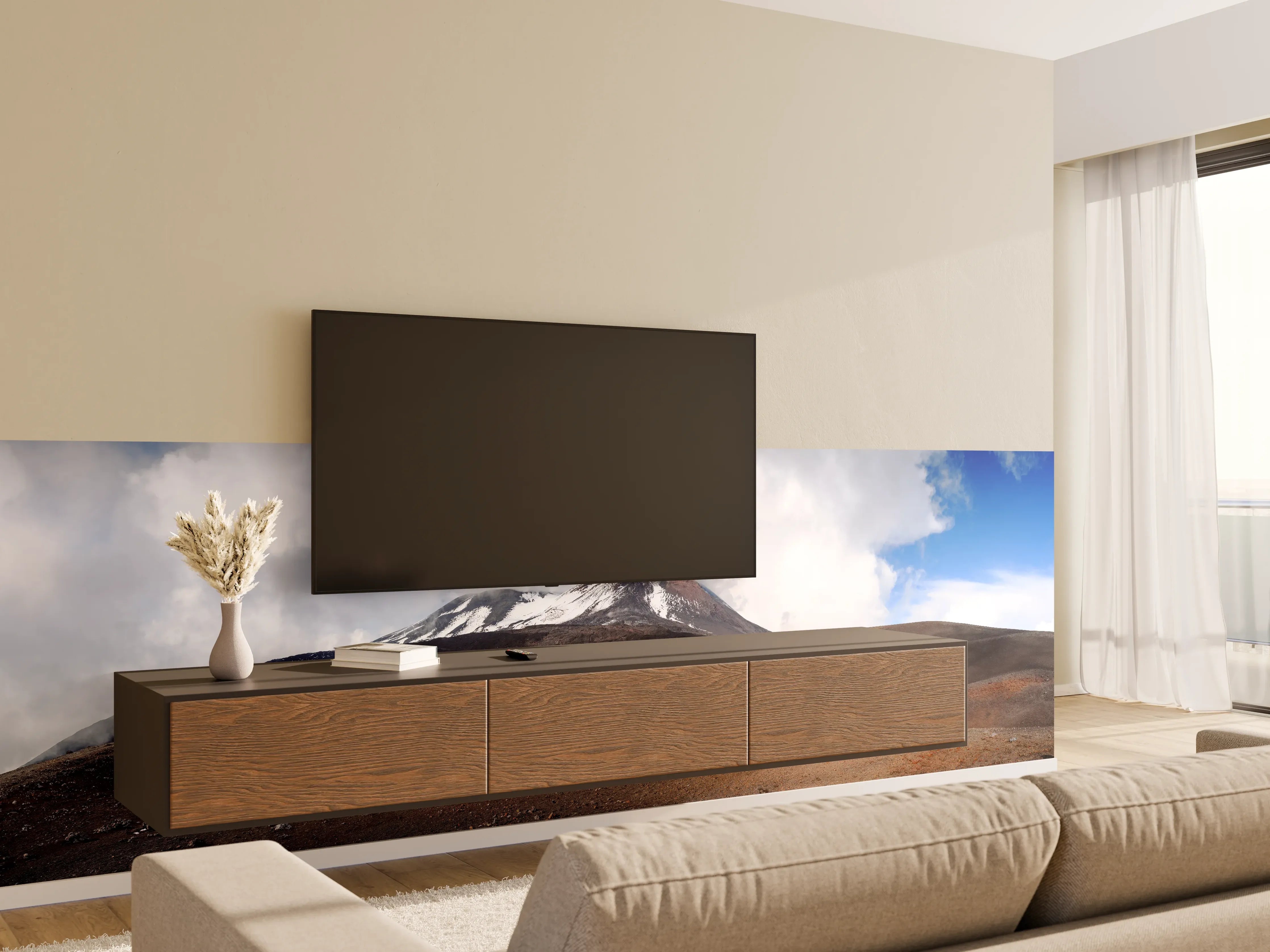 Wandverkleidung Wohnzimmer - Vulkan-Panorama Braun-Grau-Blau