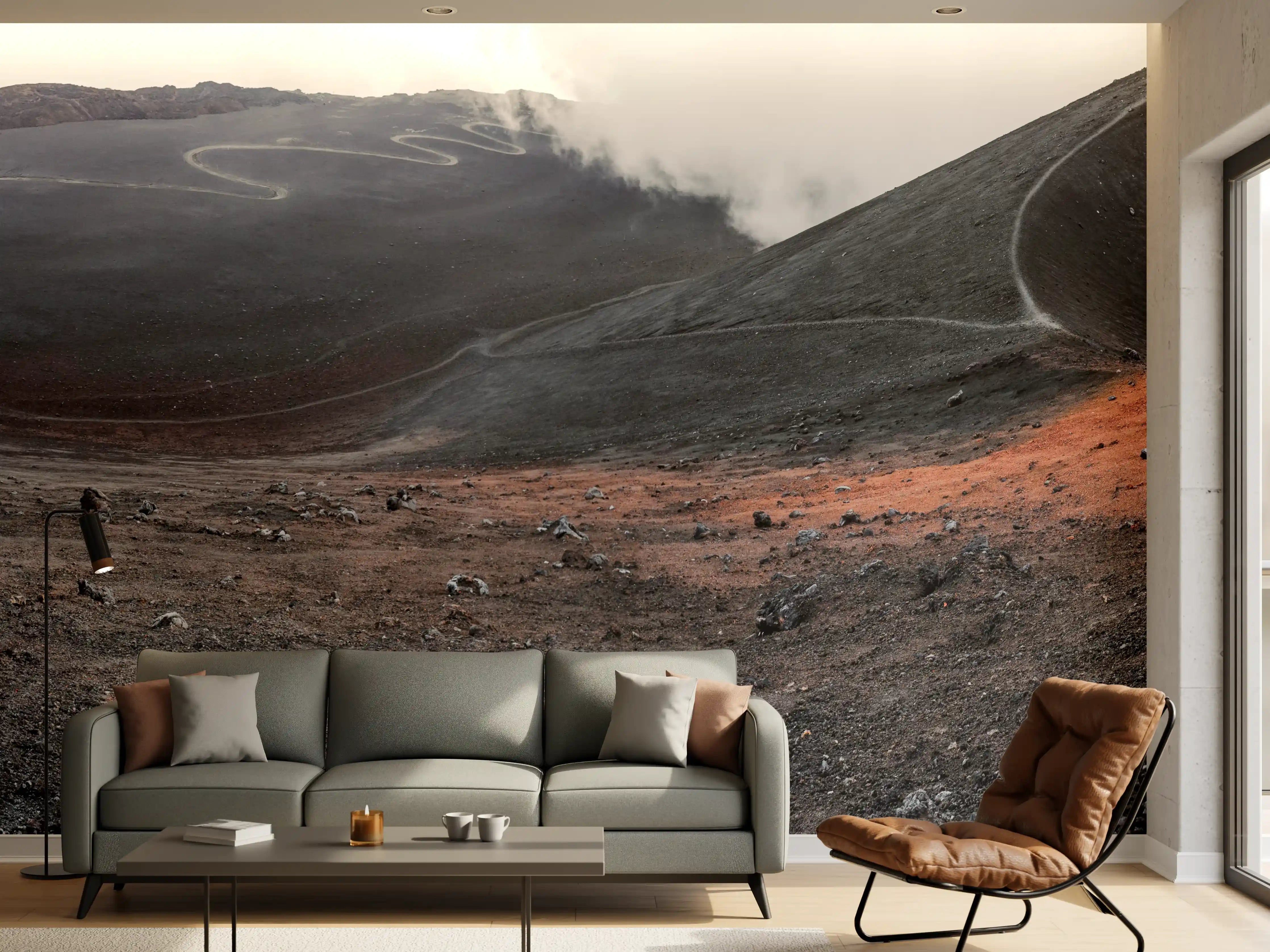Wandverkleidung Wohnzimmer - Vulkankrater Schwarz-Grau-Orange Panorama