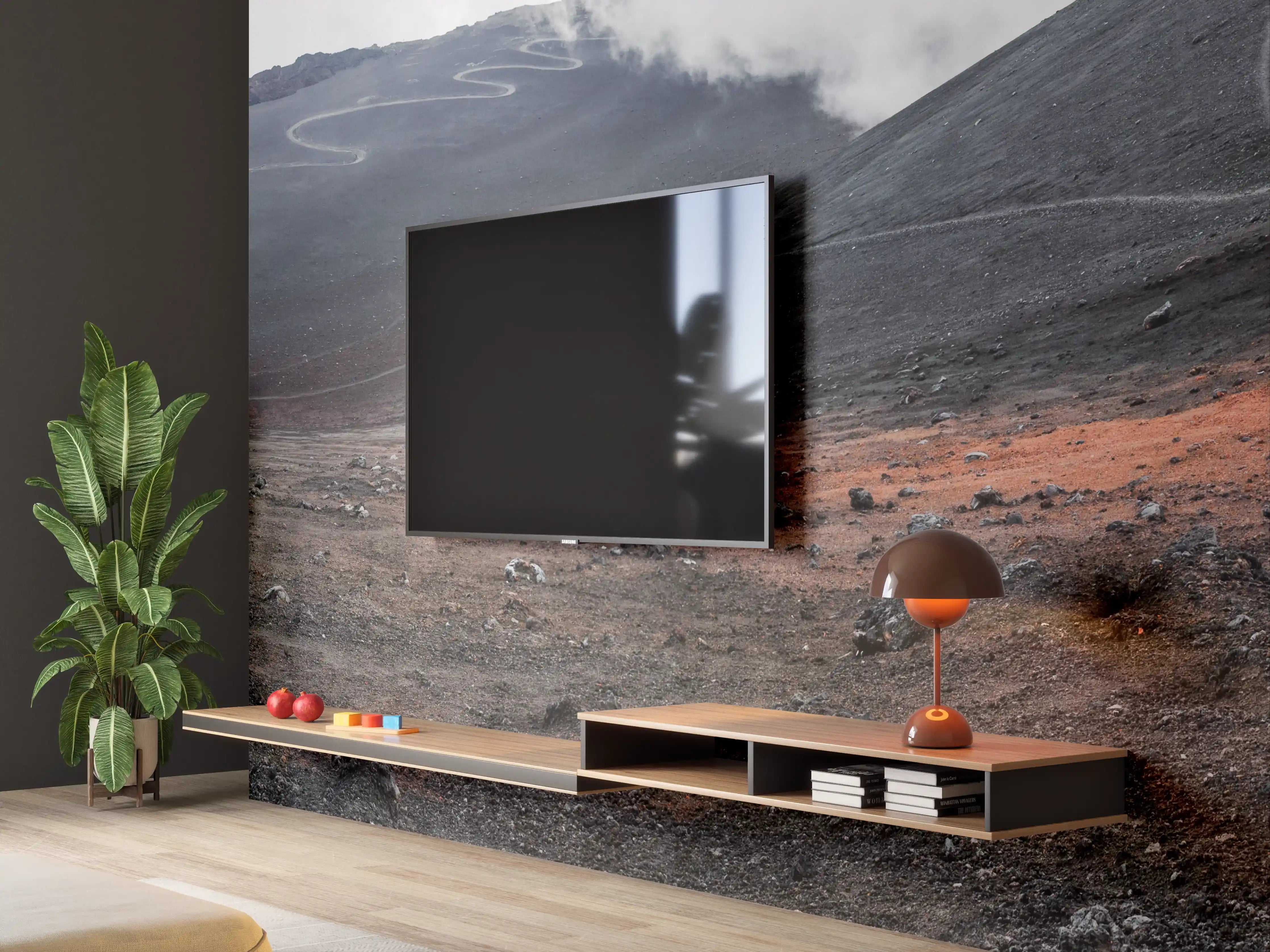 Wandverkleidung Wohnzimmer - Vulkankrater Schwarz-Grau-Orange Panorama