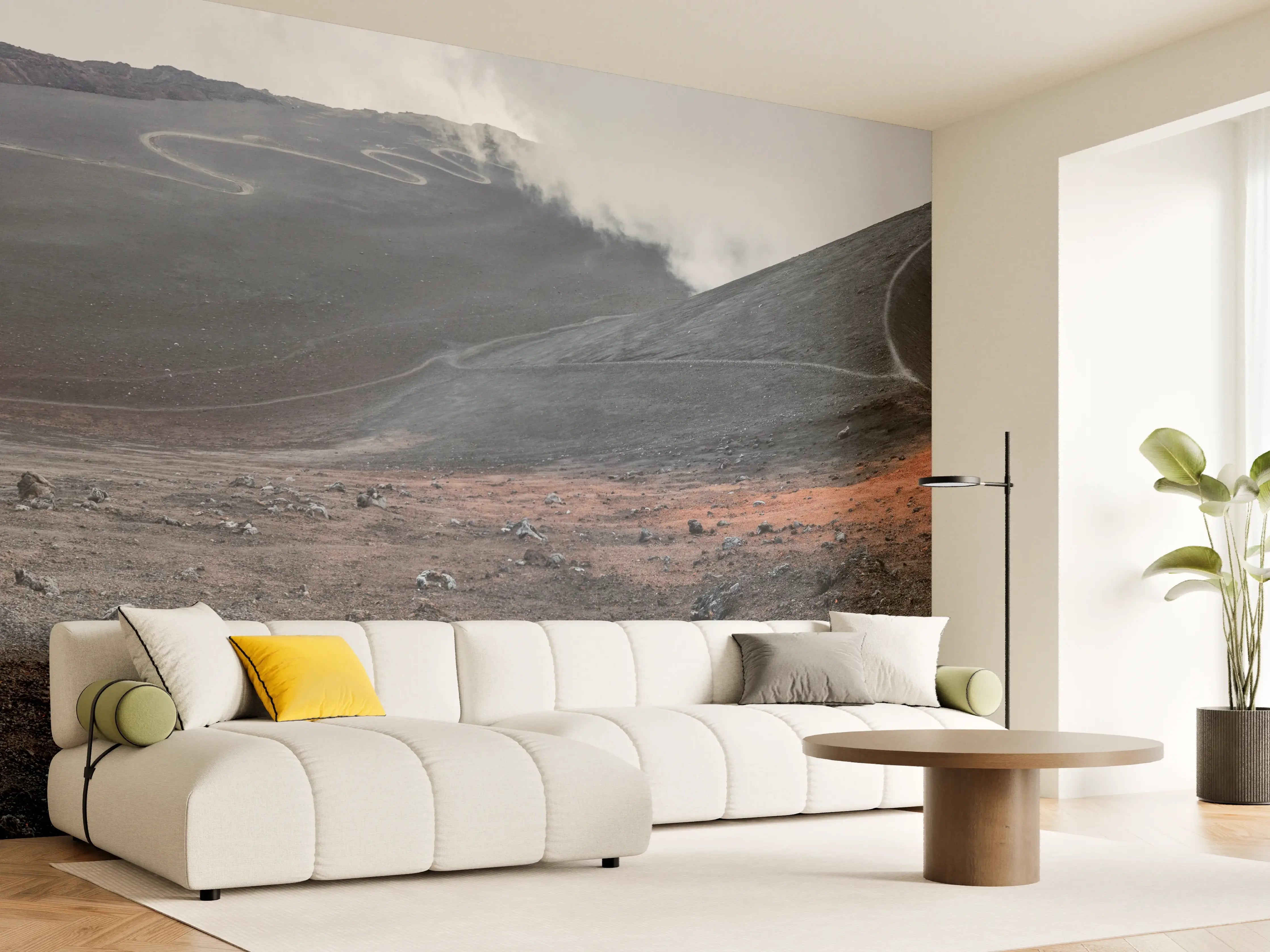 Wandverkleidung Wohnzimmer - Vulkankrater Schwarz-Grau-Orange Panorama