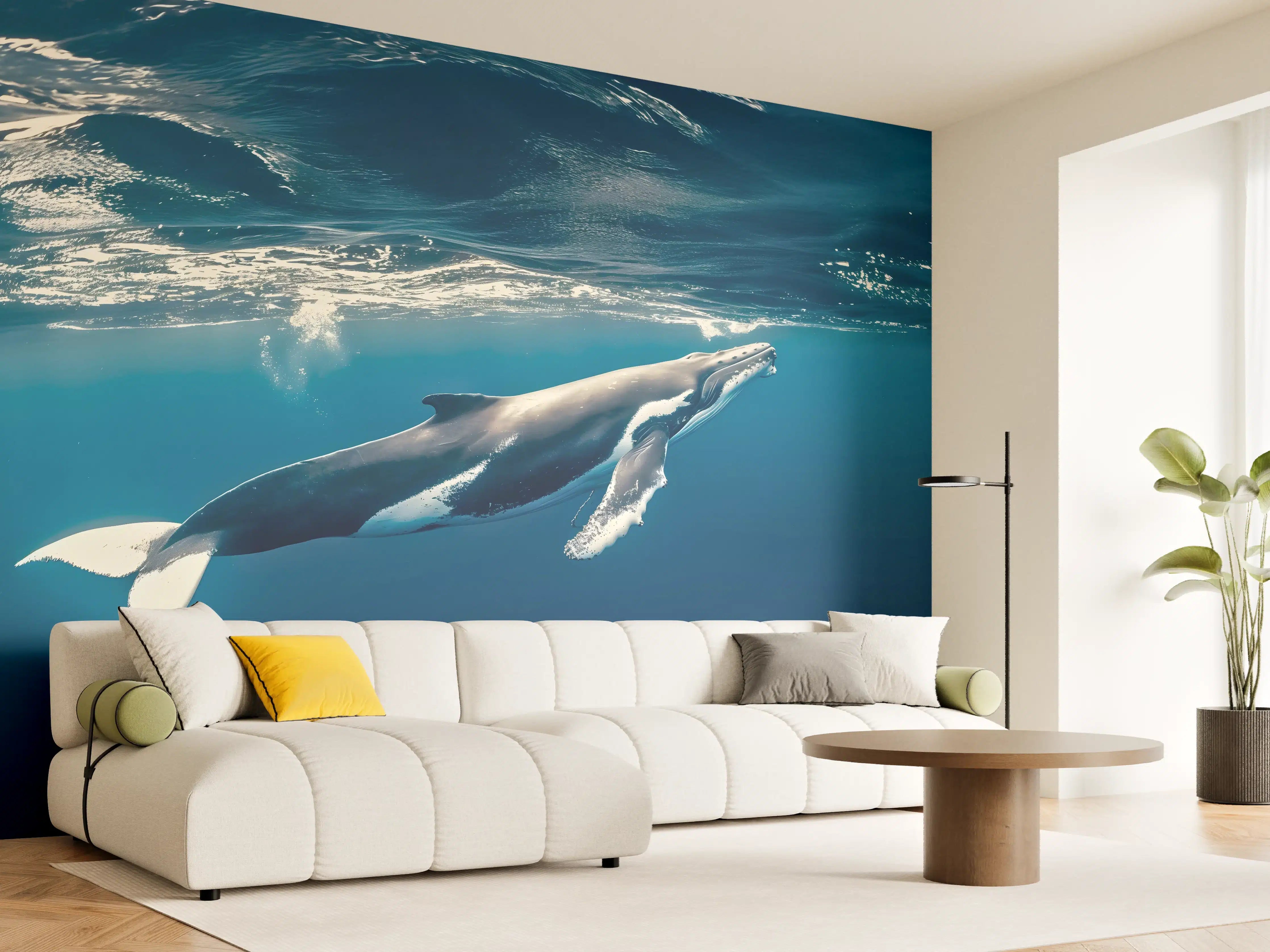 Wandverkleidung Wohnzimmer - Wal im blauen Ozean