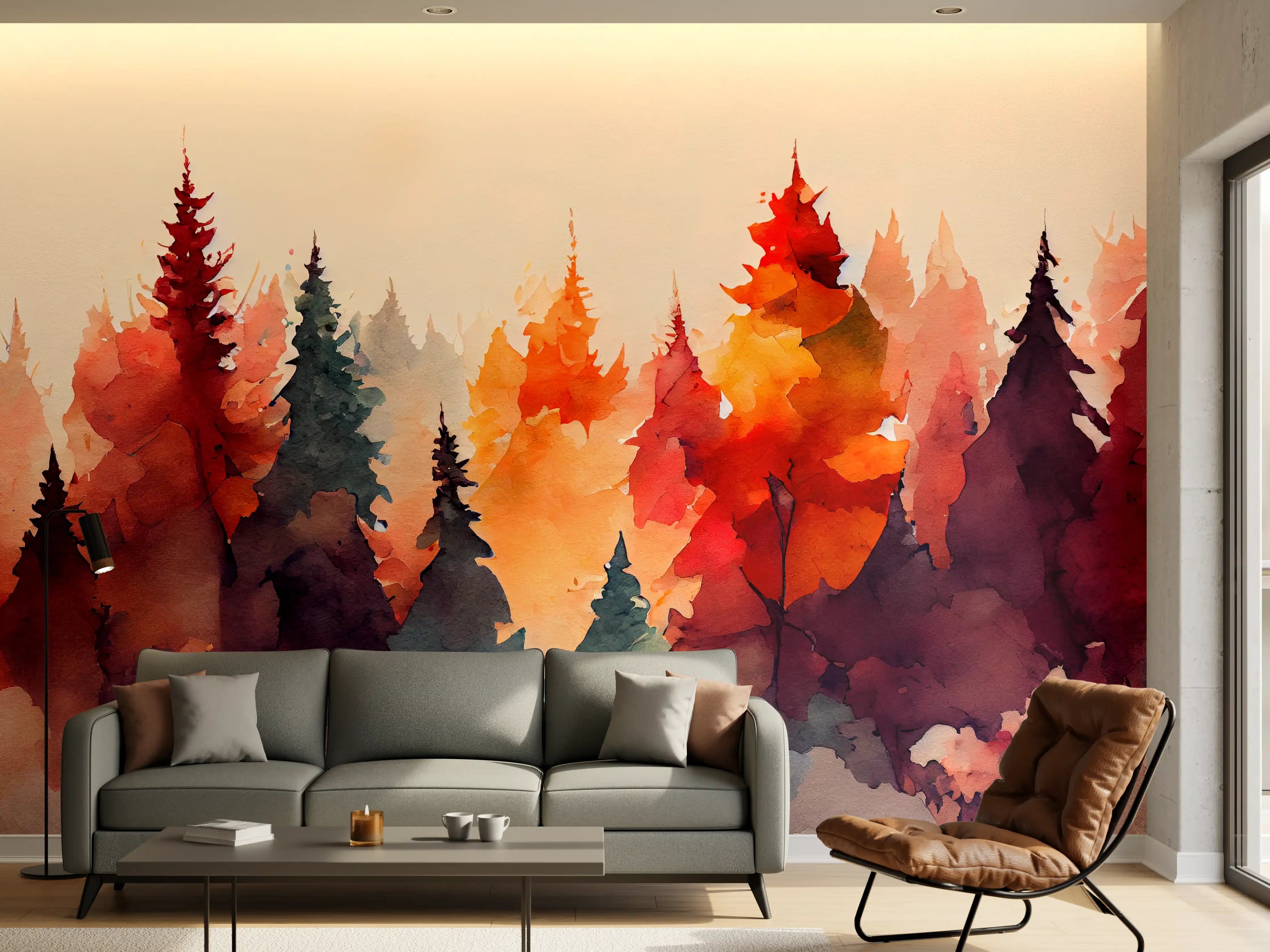 Wandverkleidung Wohnzimmer - Waldlandschaft im Herbst - Wasserfarbenkunst