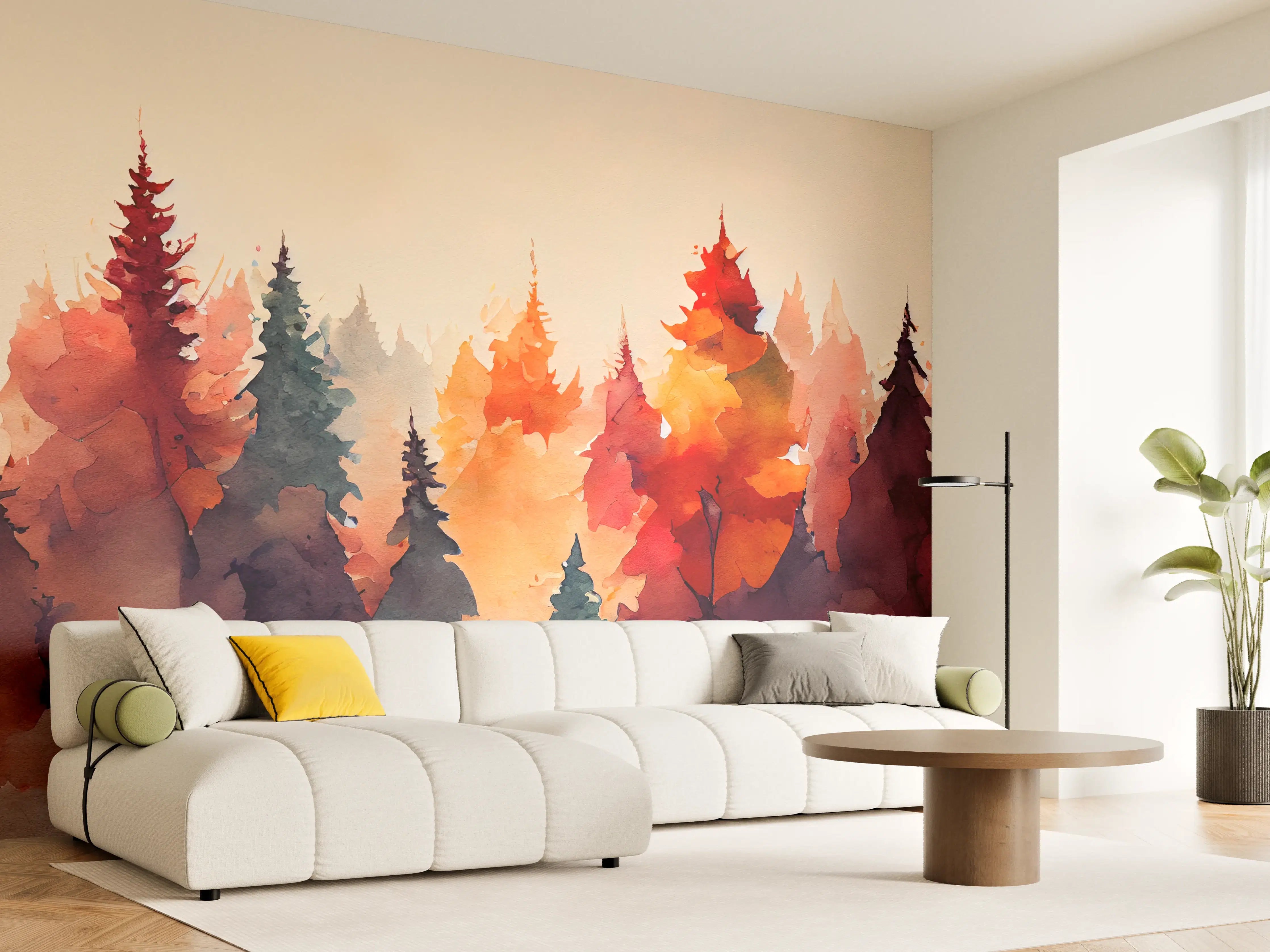Wandverkleidung Wohnzimmer - Waldlandschaft im Herbst - Wasserfarbenkunst