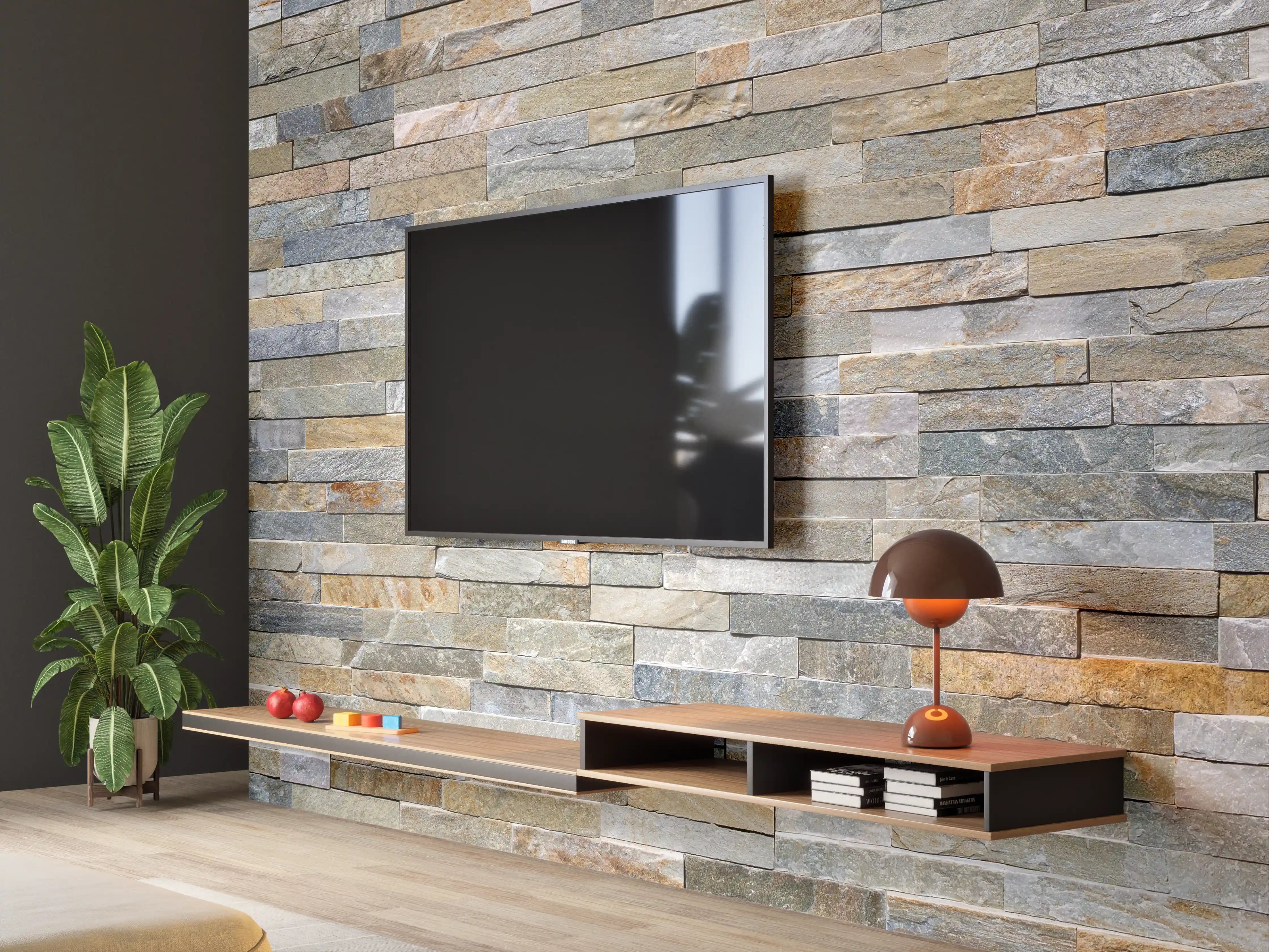 Wandverkleidung Wohnzimmer - Wand aus farbigen Verblendsteinen