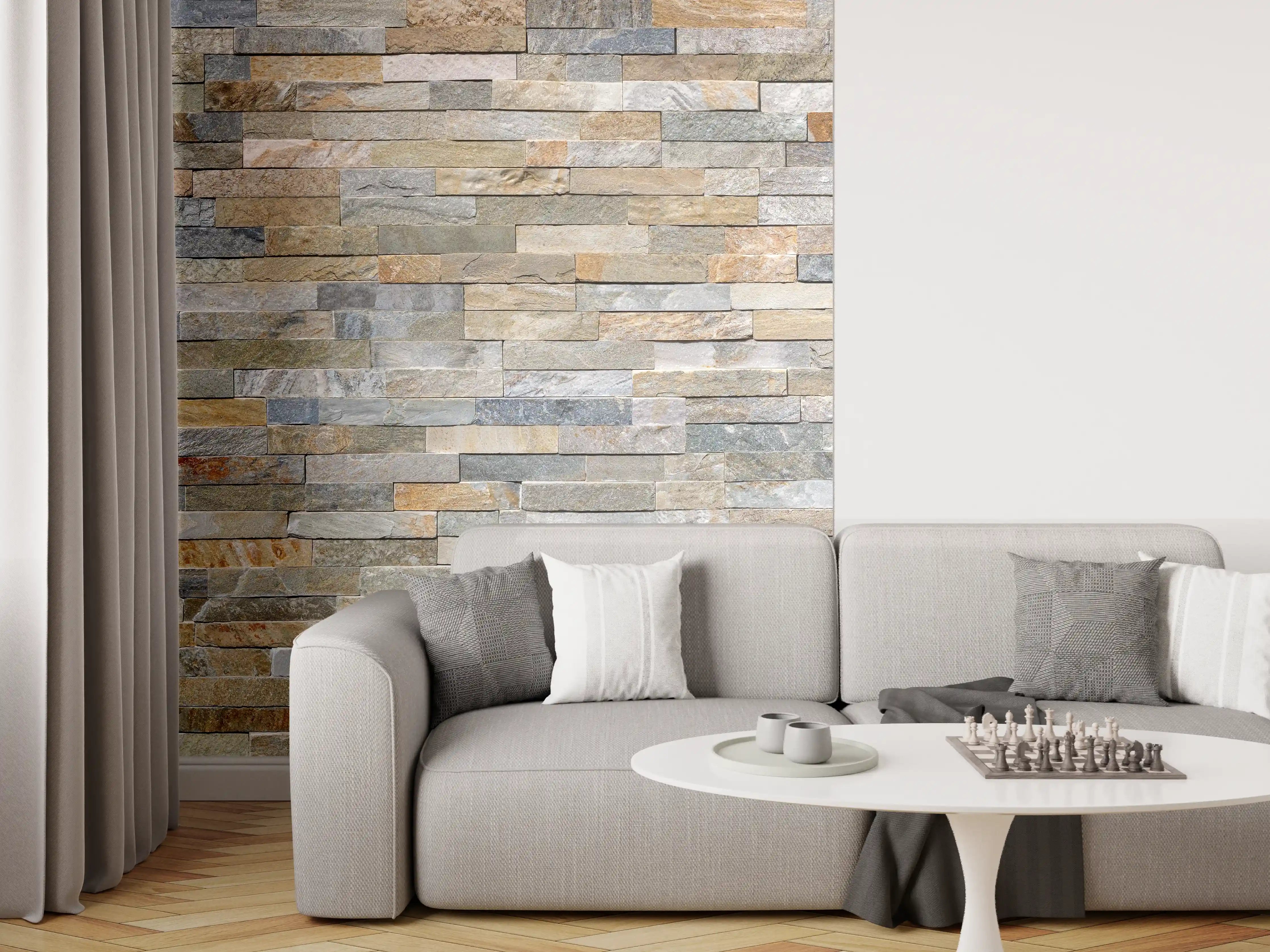 Wandverkleidung Wohnzimmer - Wand aus farbigen Verblendsteinen