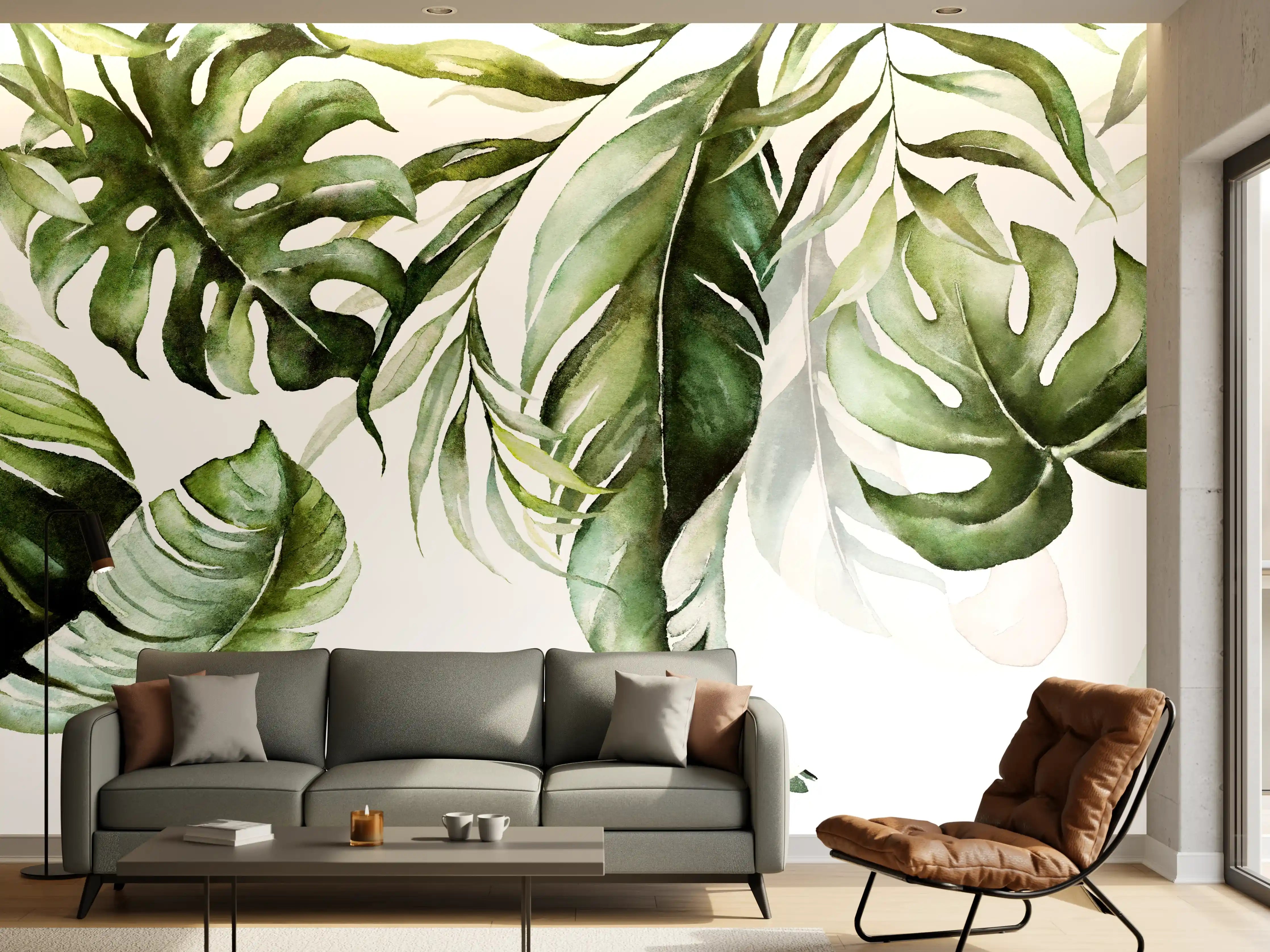 Wandverkleidung Wohnzimmer - Wanddekoration mit grünen Blättern