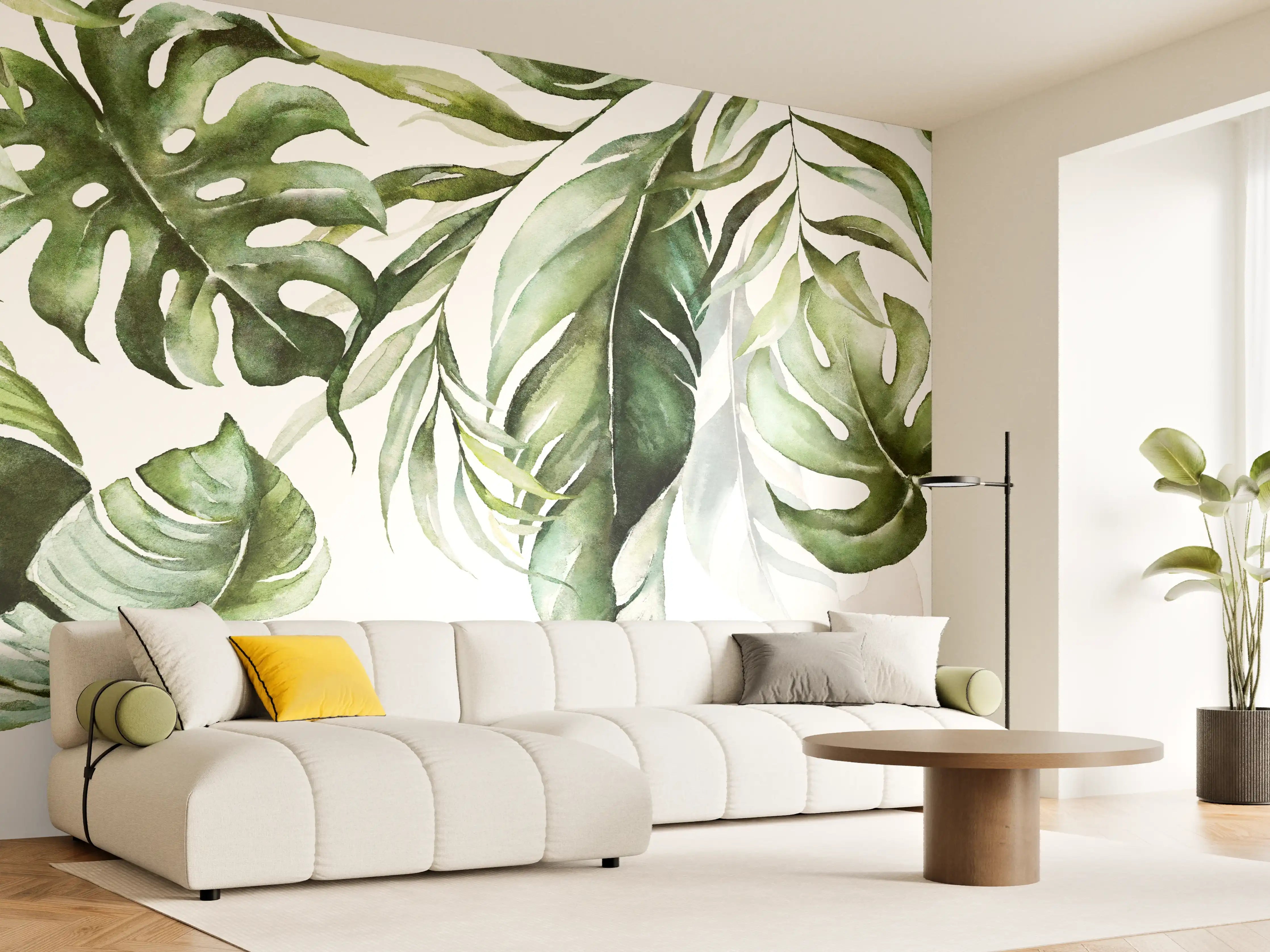Wandverkleidung Wohnzimmer - Wanddekoration mit grünen Blättern