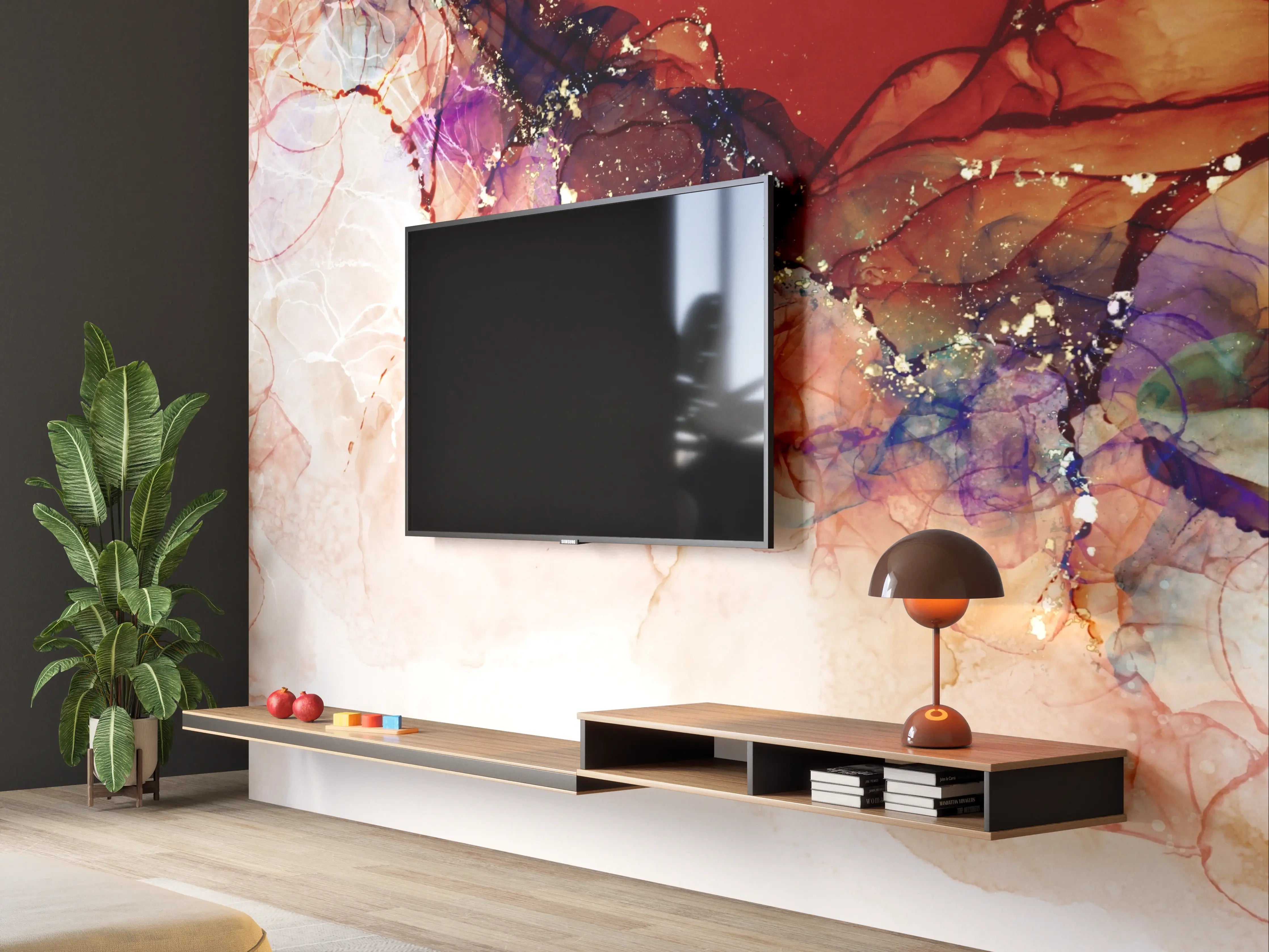 Wandverkleidung Wohnzimmer - Warme Töne und Graunuancen in abstrakter Kunst