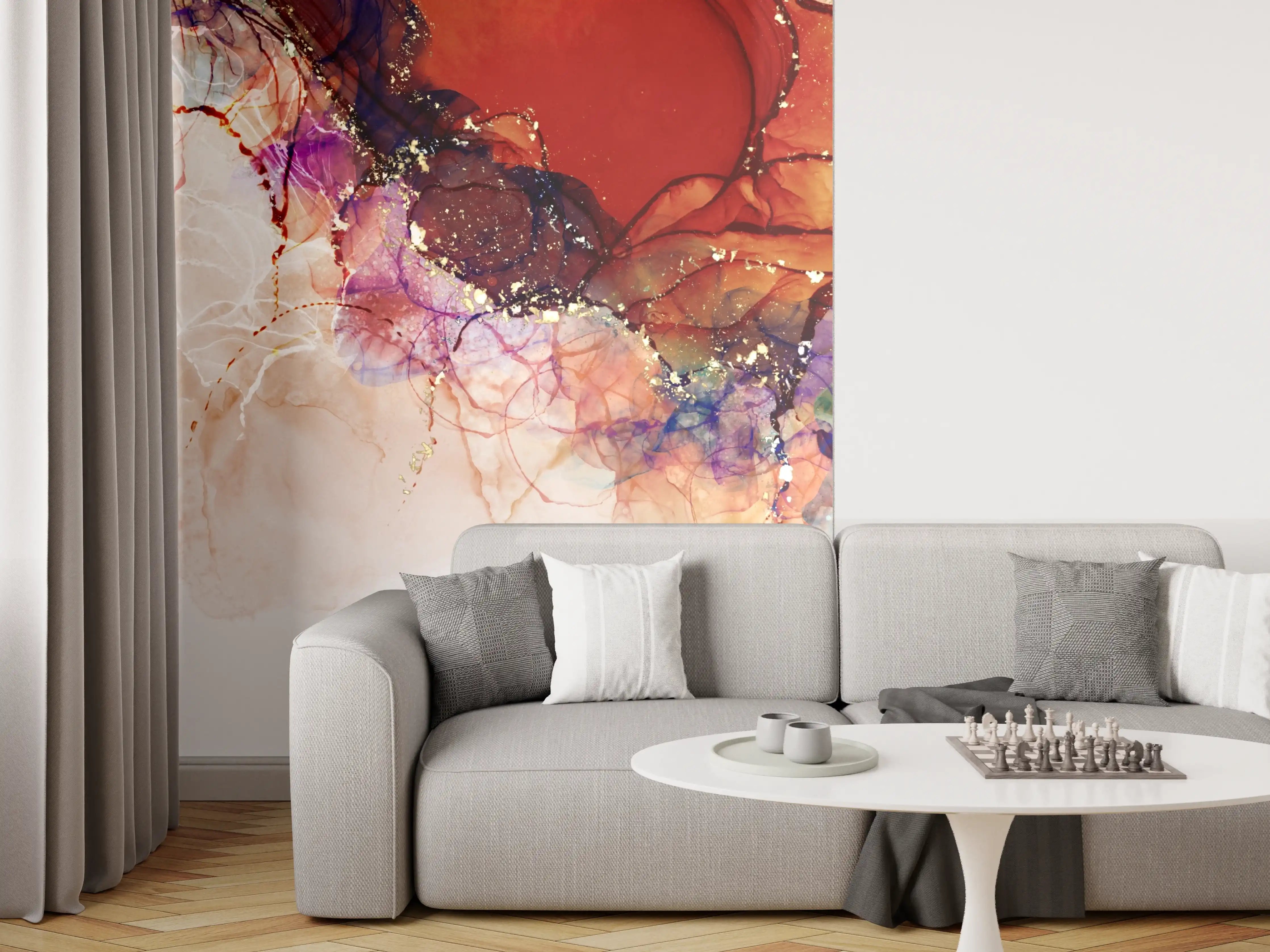 Wandverkleidung Wohnzimmer - Warme Töne und Graunuancen in abstrakter Kunst