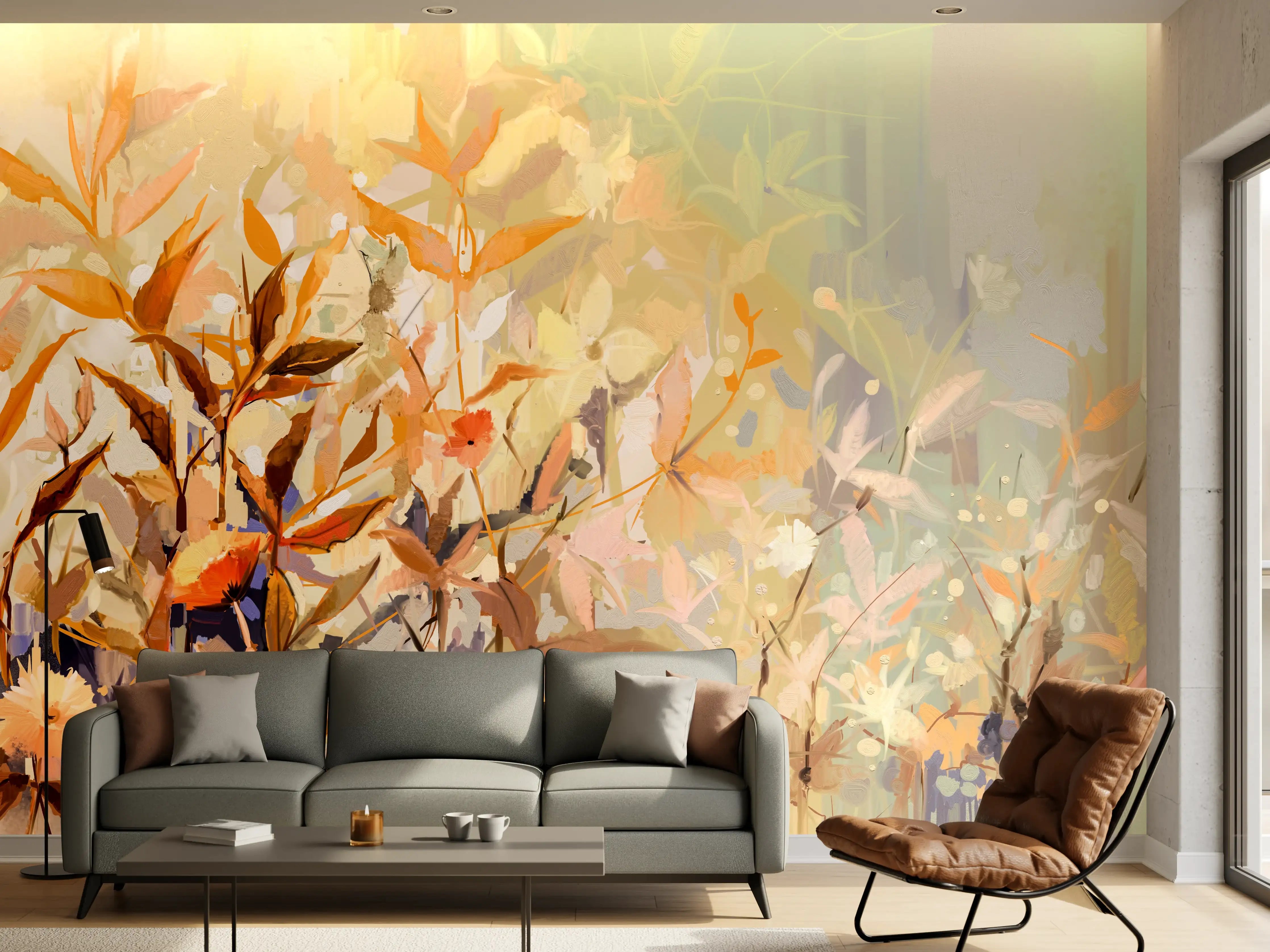 Wandverkleidung Wohnzimmer - Warmer Herbstzauber im Aquarellstil