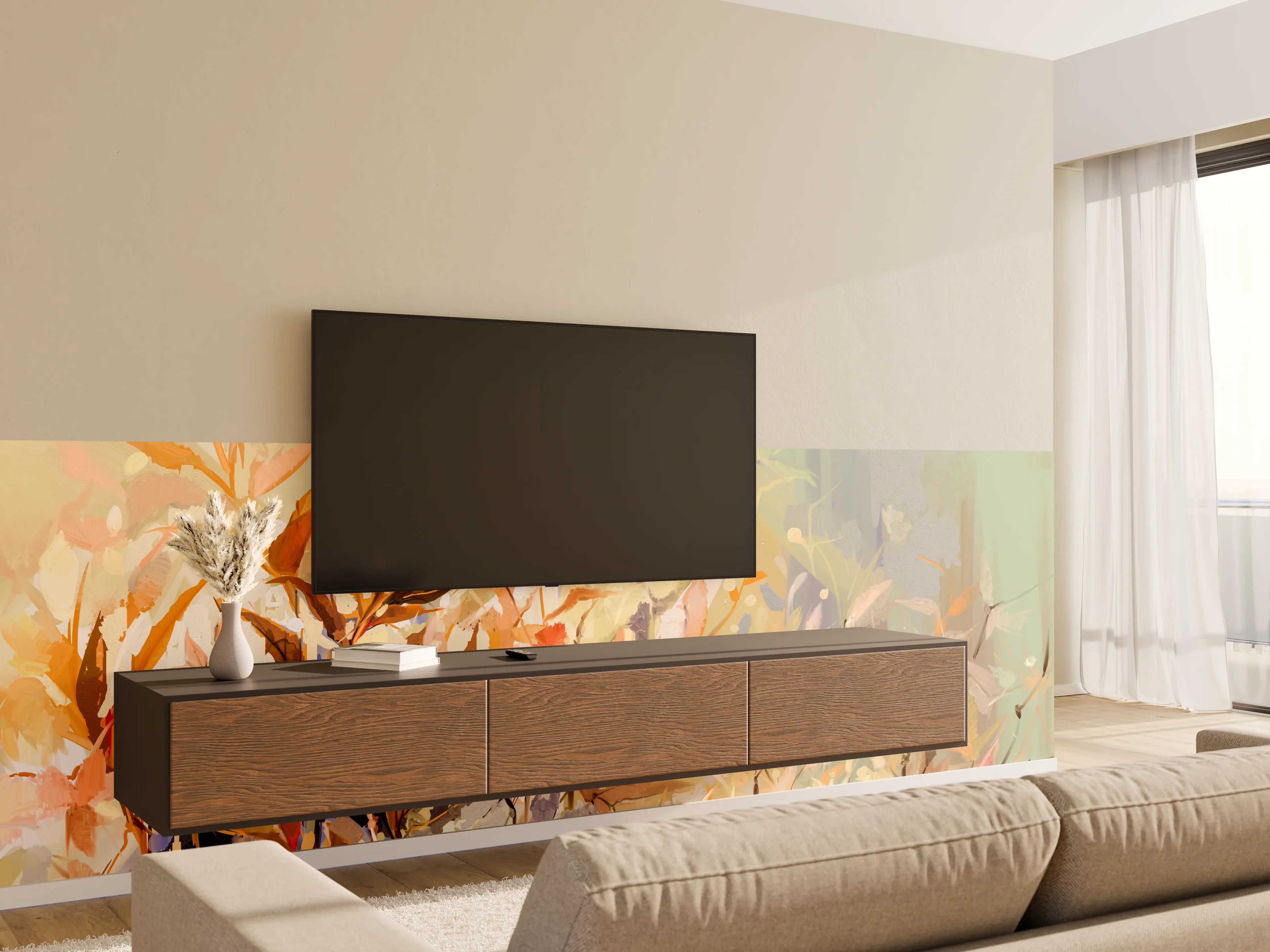 Wandverkleidung Wohnzimmer - Warmer Herbstzauber im Aquarellstil