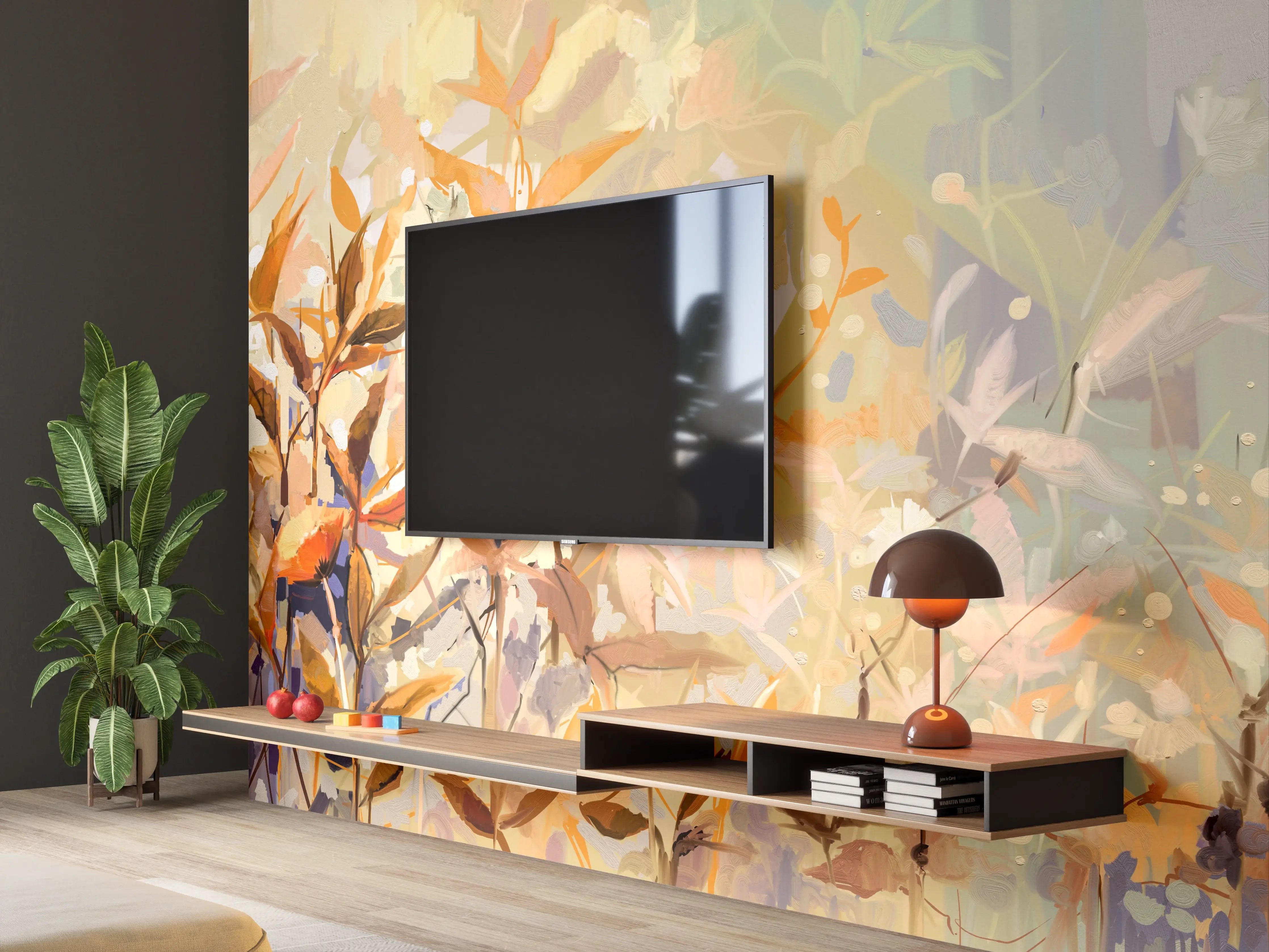 Wandverkleidung Wohnzimmer - Warmer Herbstzauber im Aquarellstil