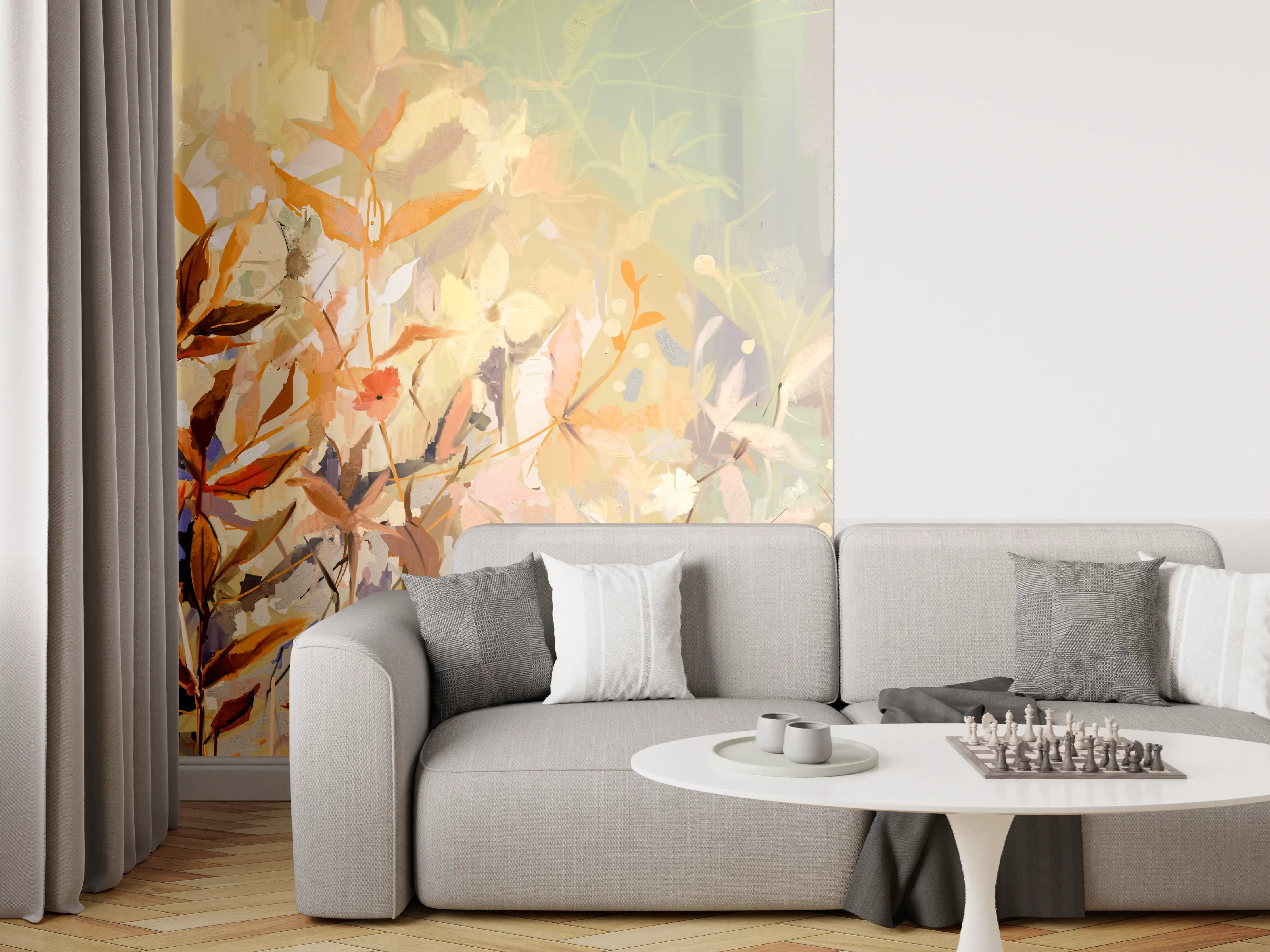 Wandverkleidung Wohnzimmer - Warmer Herbstzauber im Aquarellstil