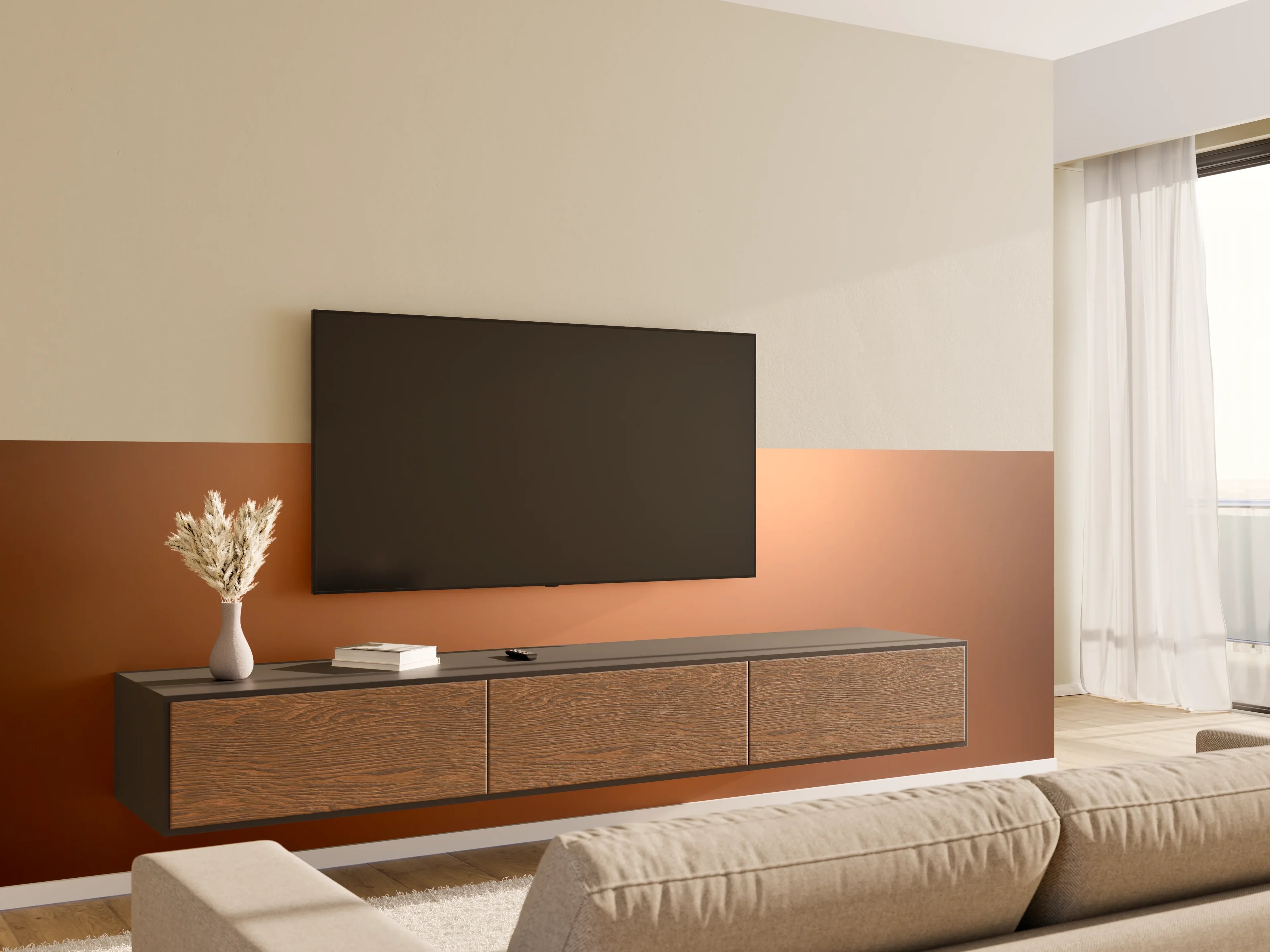 Wandverkleidung Wohnzimmer - Warmes, neutrales Farbenspiel