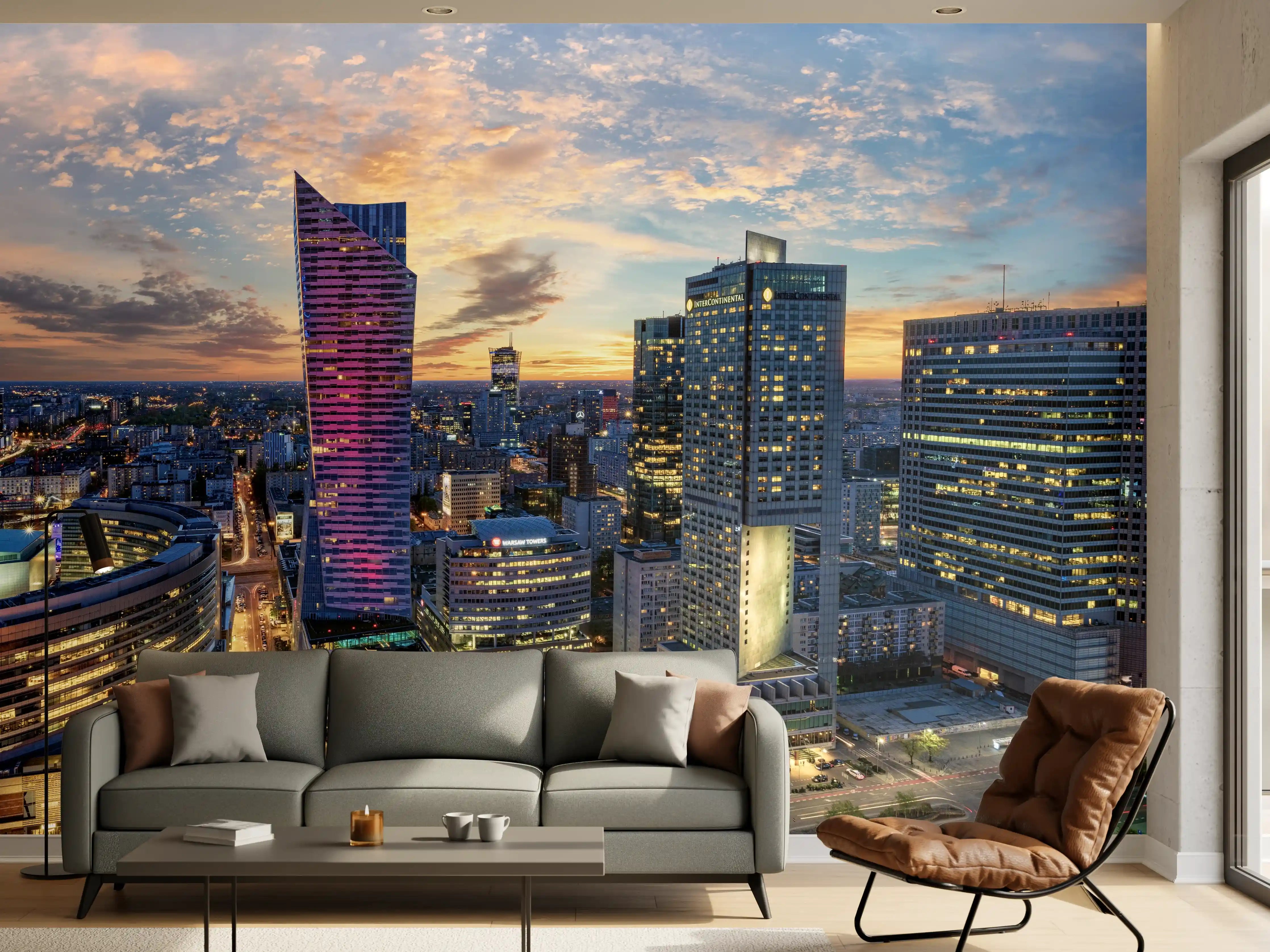 Wandverkleidung Wohnzimmer - Warschau mit modernen Wolkenkratzer bei Sonnenuntergang