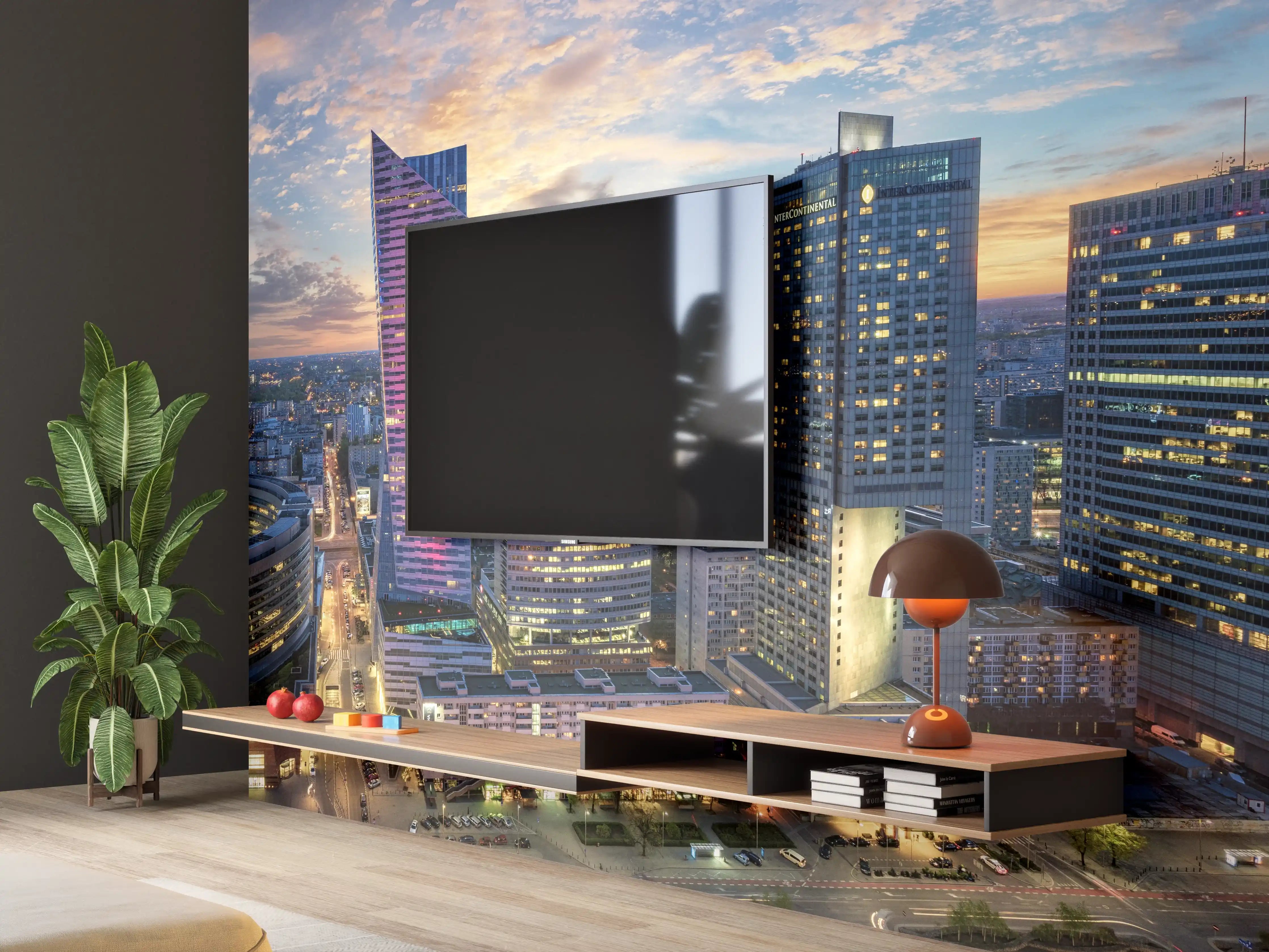 Wandverkleidung Wohnzimmer - Warschau mit modernen Wolkenkratzer bei Sonnenuntergang