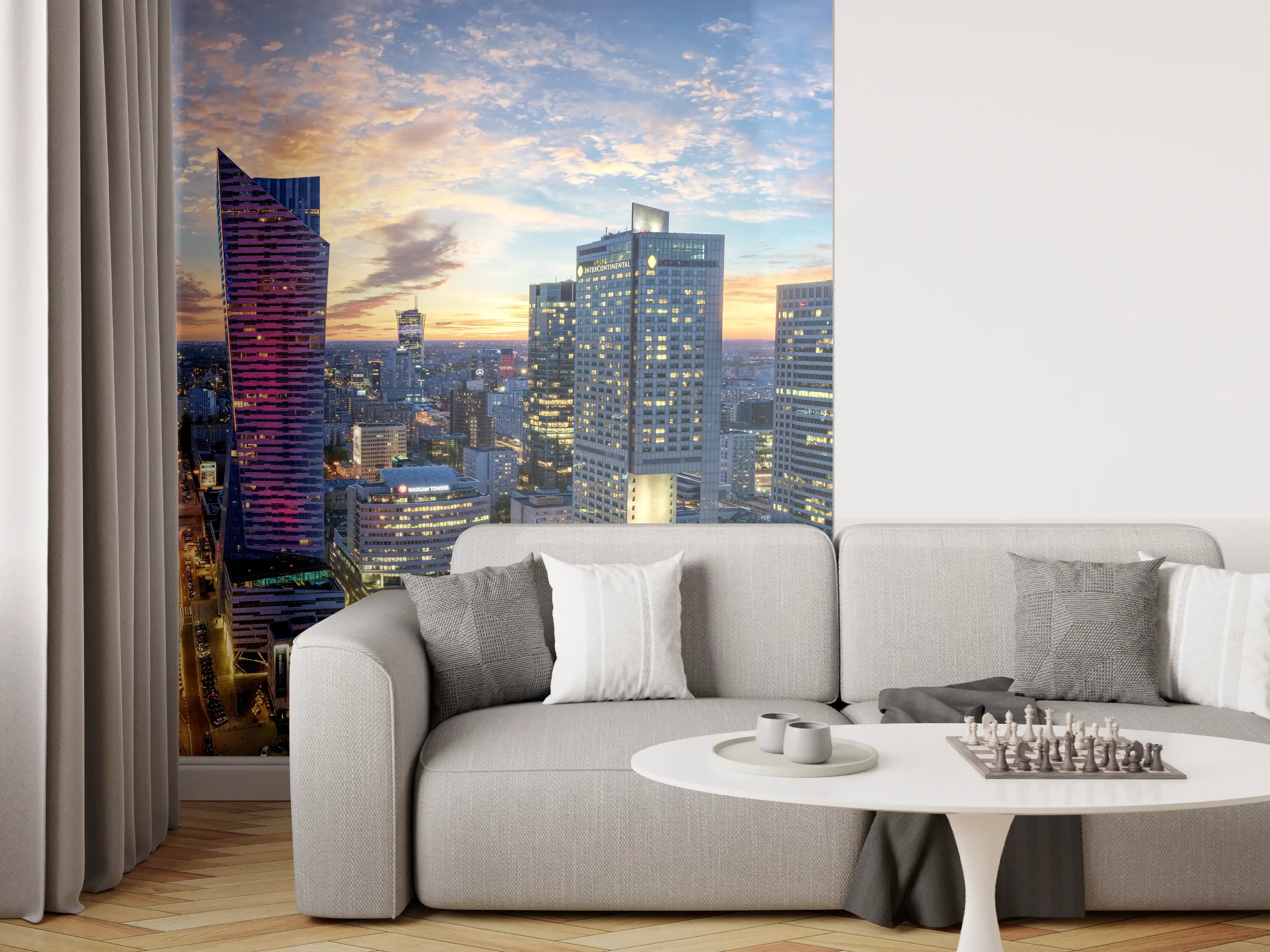 Wandverkleidung Wohnzimmer - Warschau mit modernen Wolkenkratzer bei Sonnenuntergang