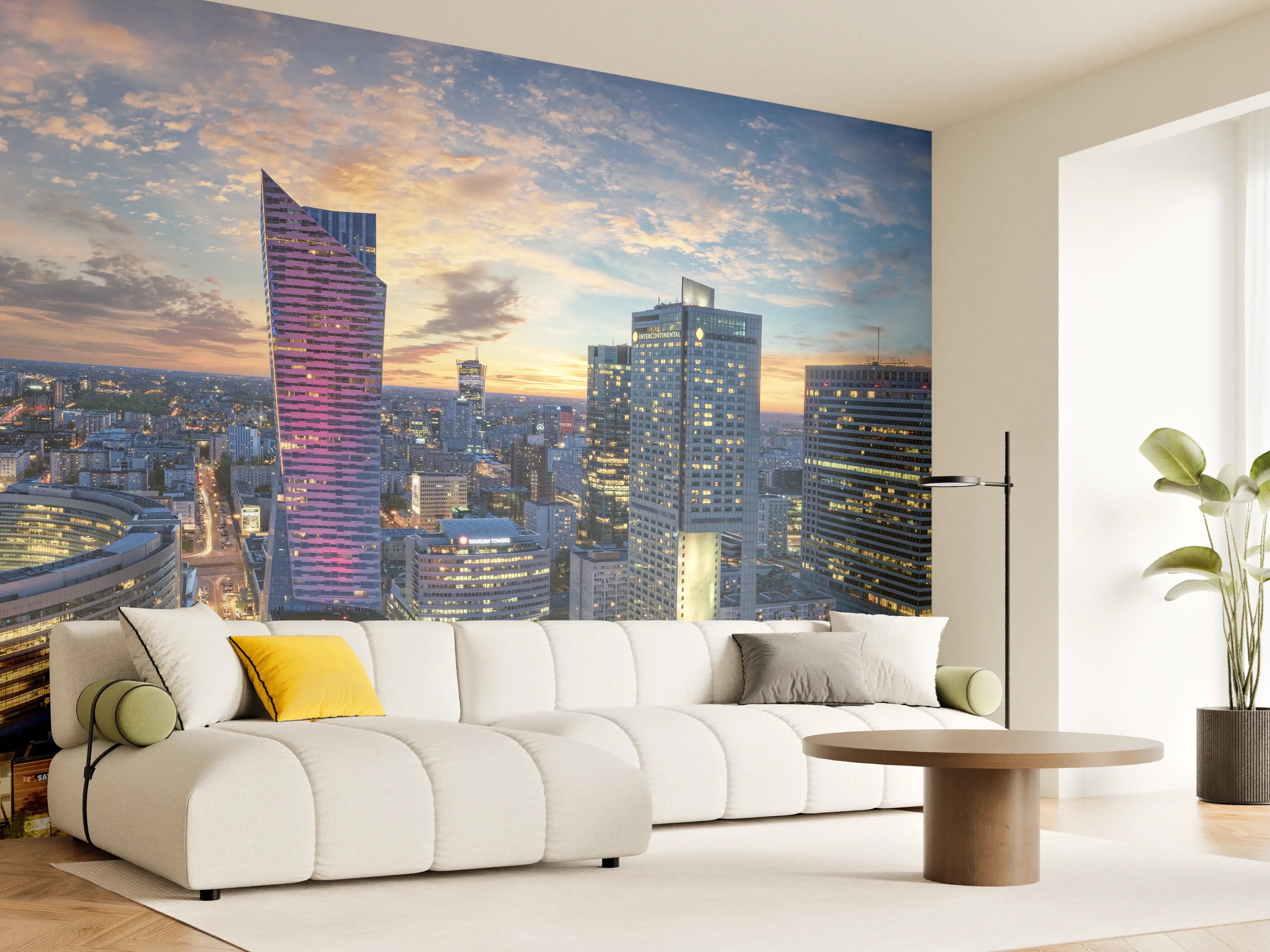 Wandverkleidung Wohnzimmer - Warschau mit modernen Wolkenkratzer bei Sonnenuntergang