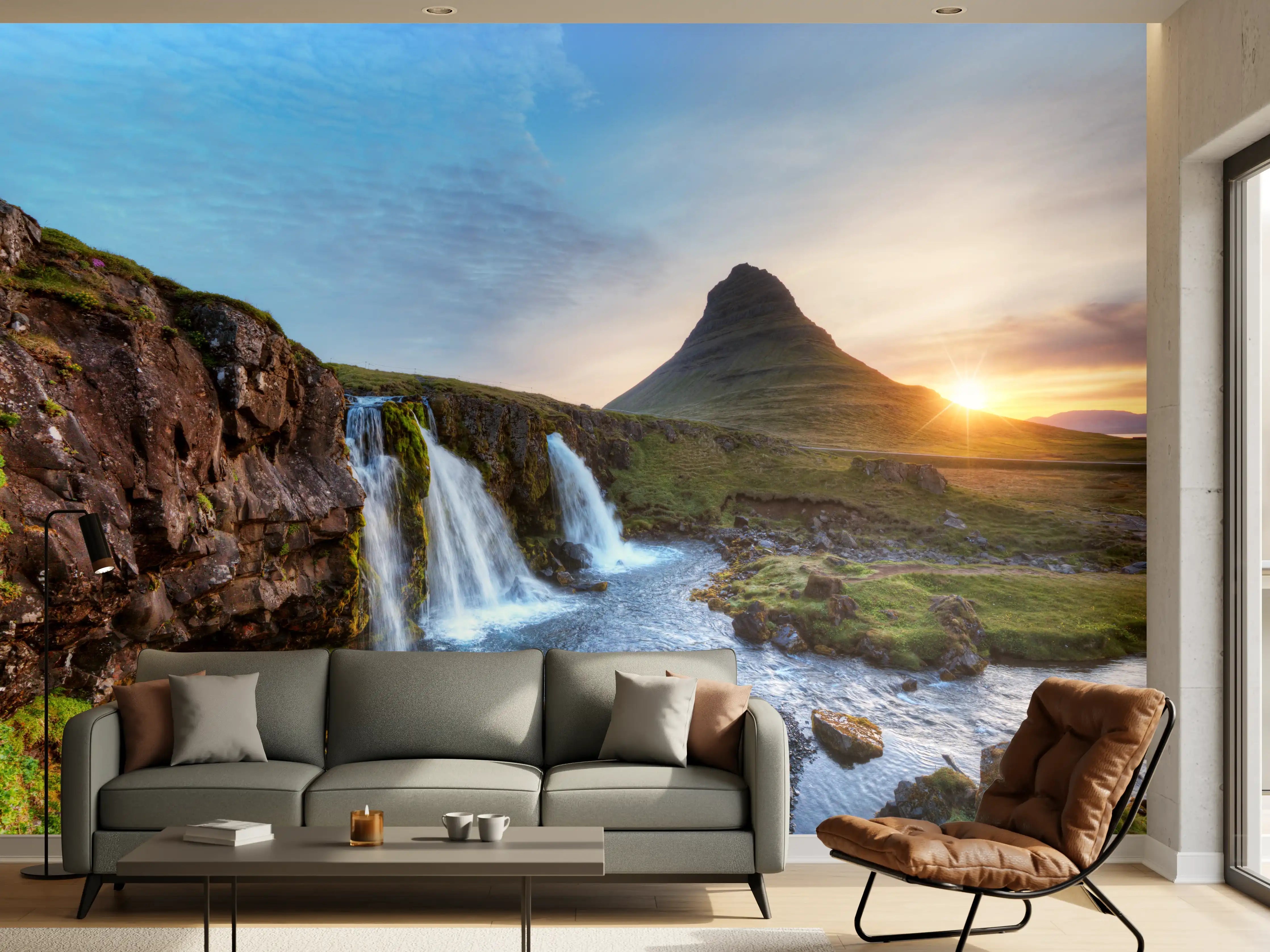 Wandverkleidung Wohnzimmer - Wasserfall bei Sonnenuntergang