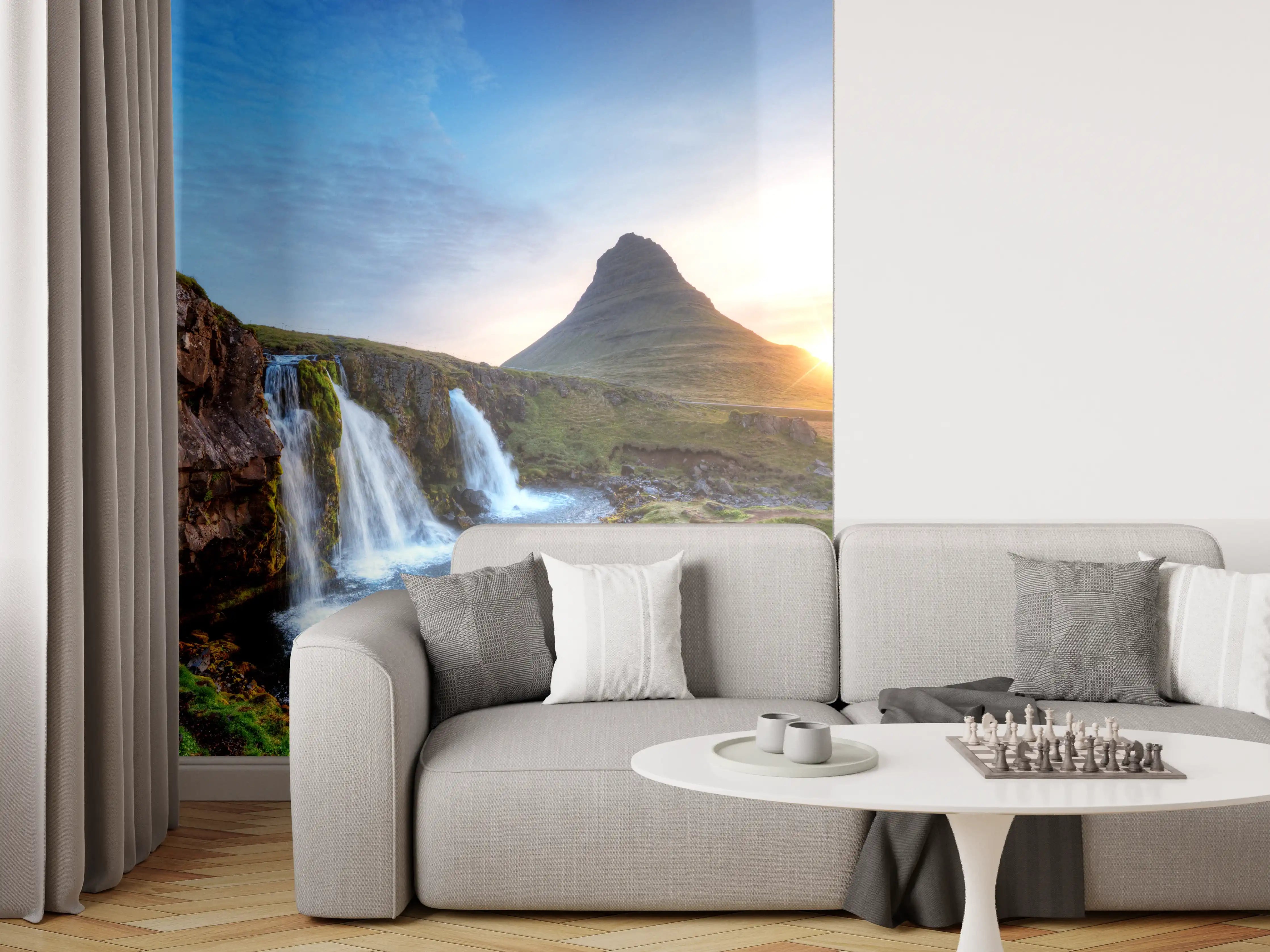 Wandverkleidung Wohnzimmer - Wasserfall bei Sonnenuntergang