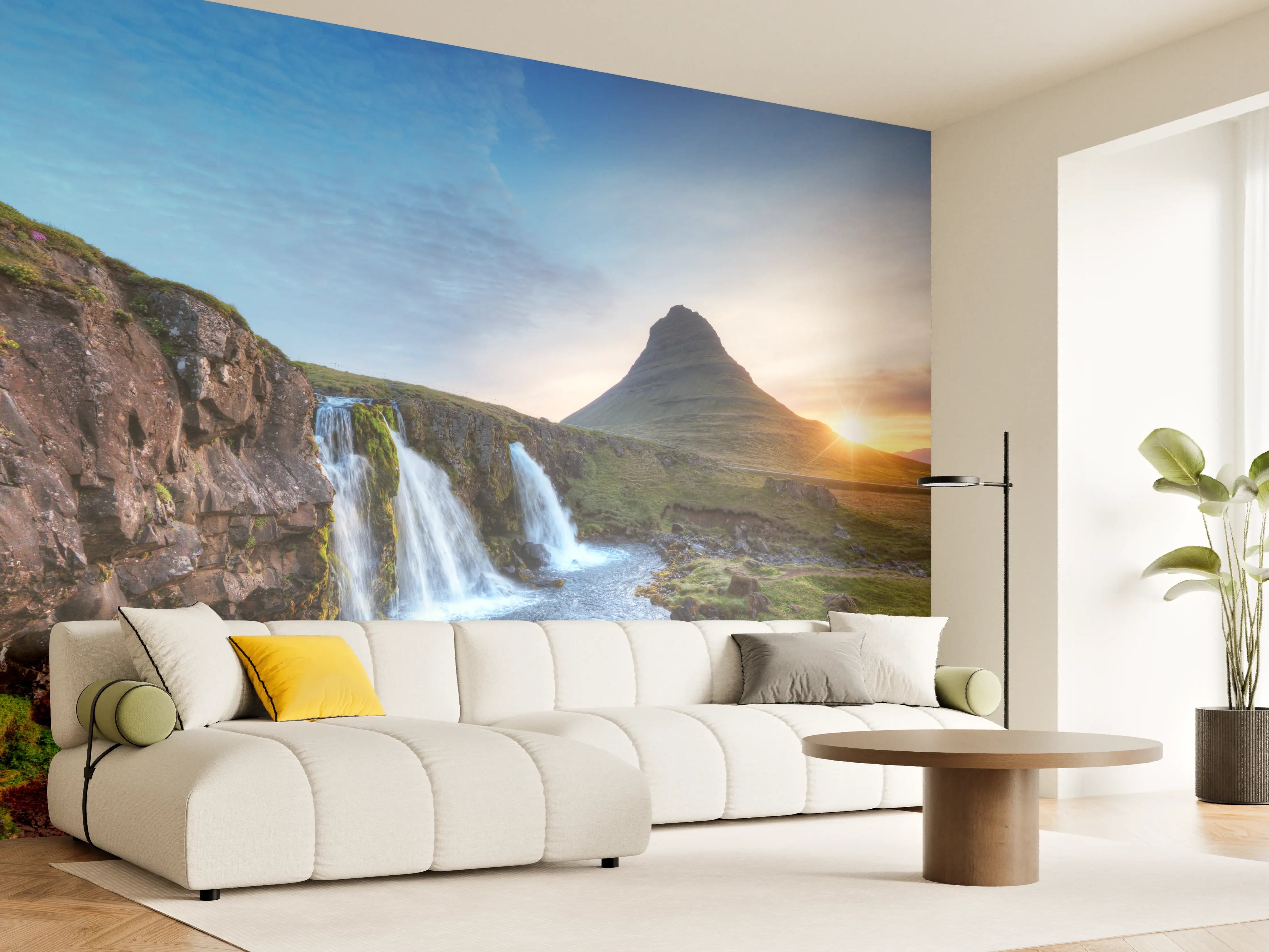 Wandverkleidung Wohnzimmer - Wasserfall bei Sonnenuntergang