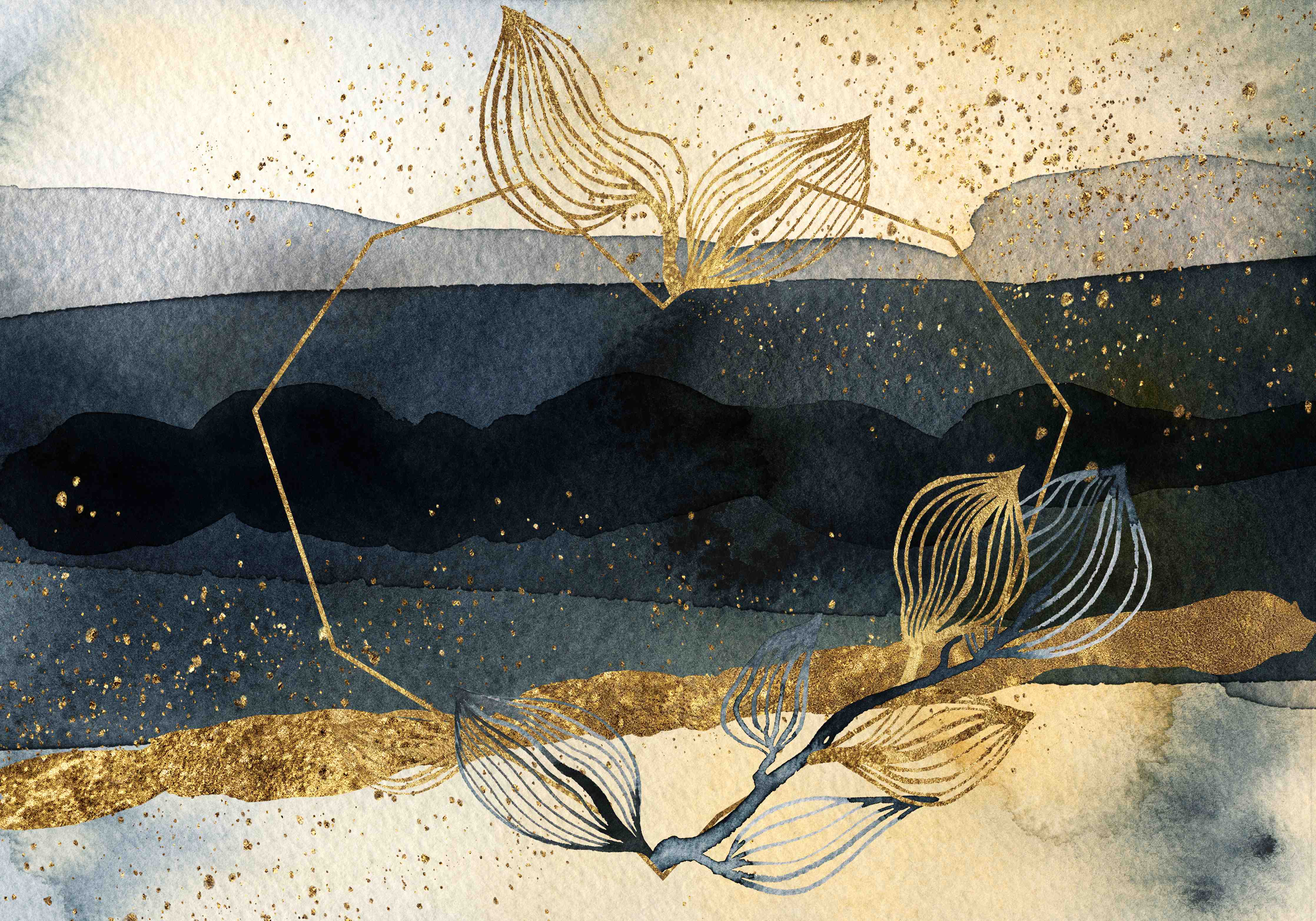 Wandverkleidung Wohnzimmer-Wasserfall im Gold- und Blauton