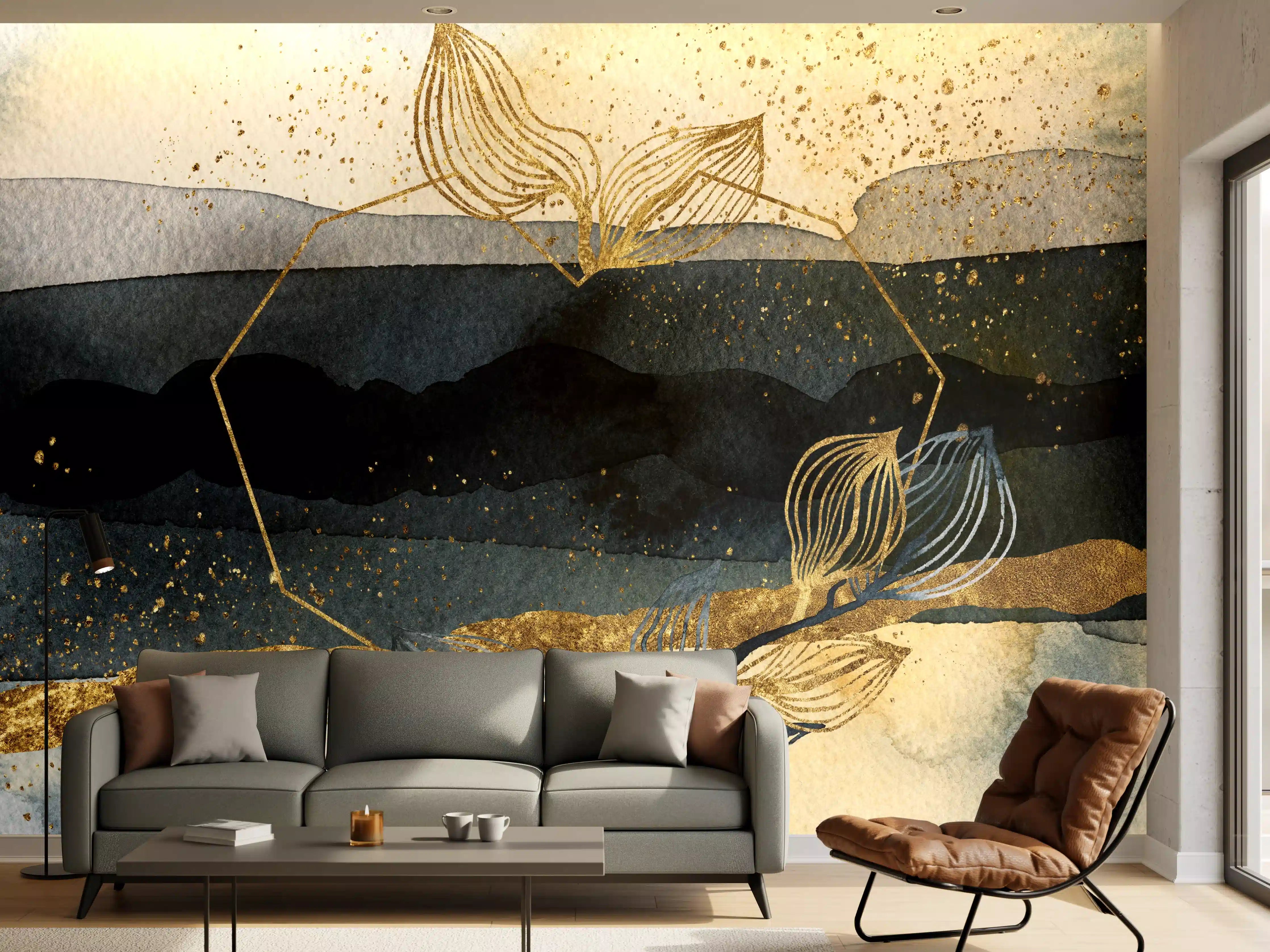 Wandverkleidung Wohnzimmer - Wasserfall im Gold- und Blauton