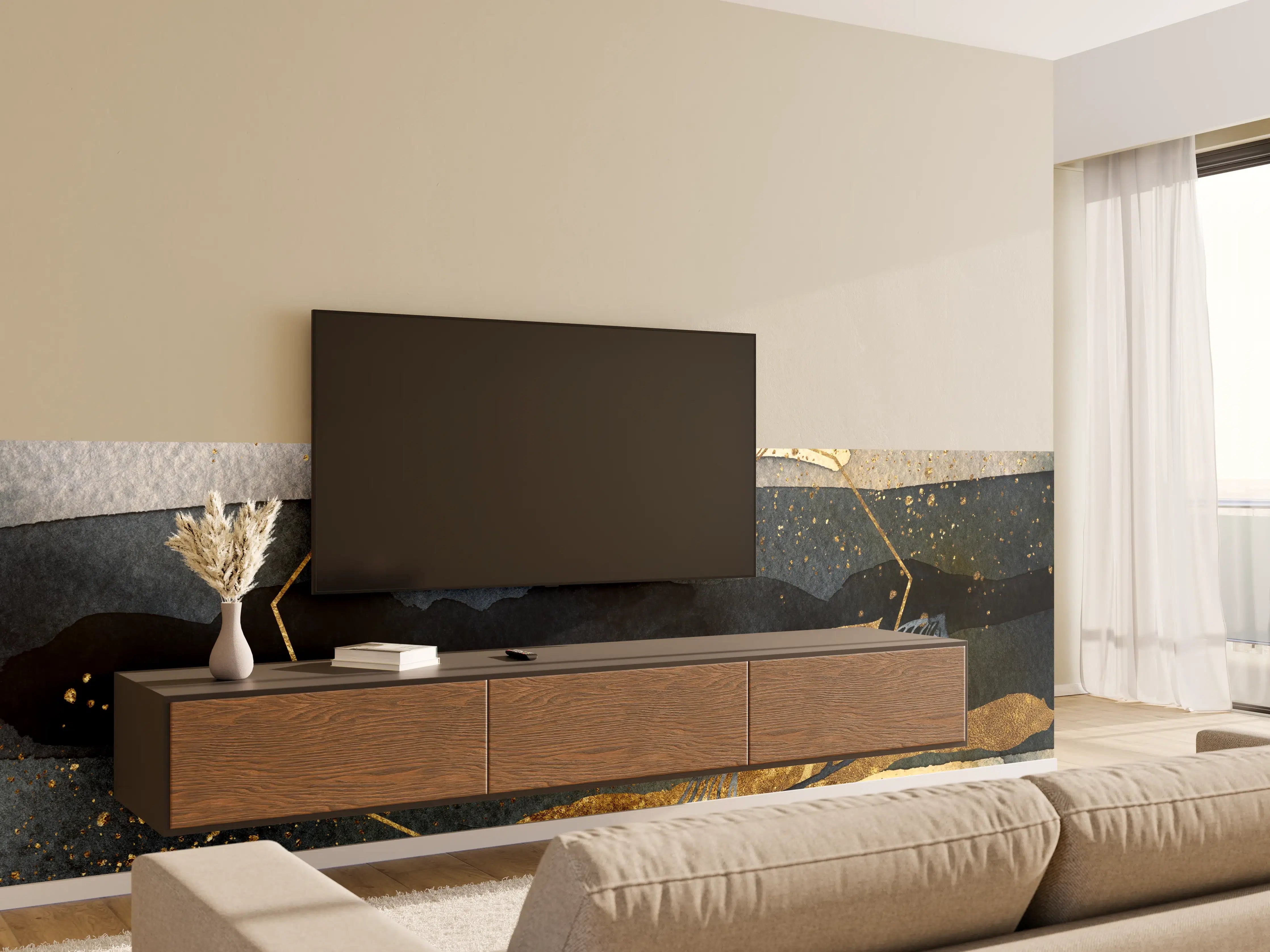 Wandverkleidung Wohnzimmer - Wasserfall im Gold- und Blauton