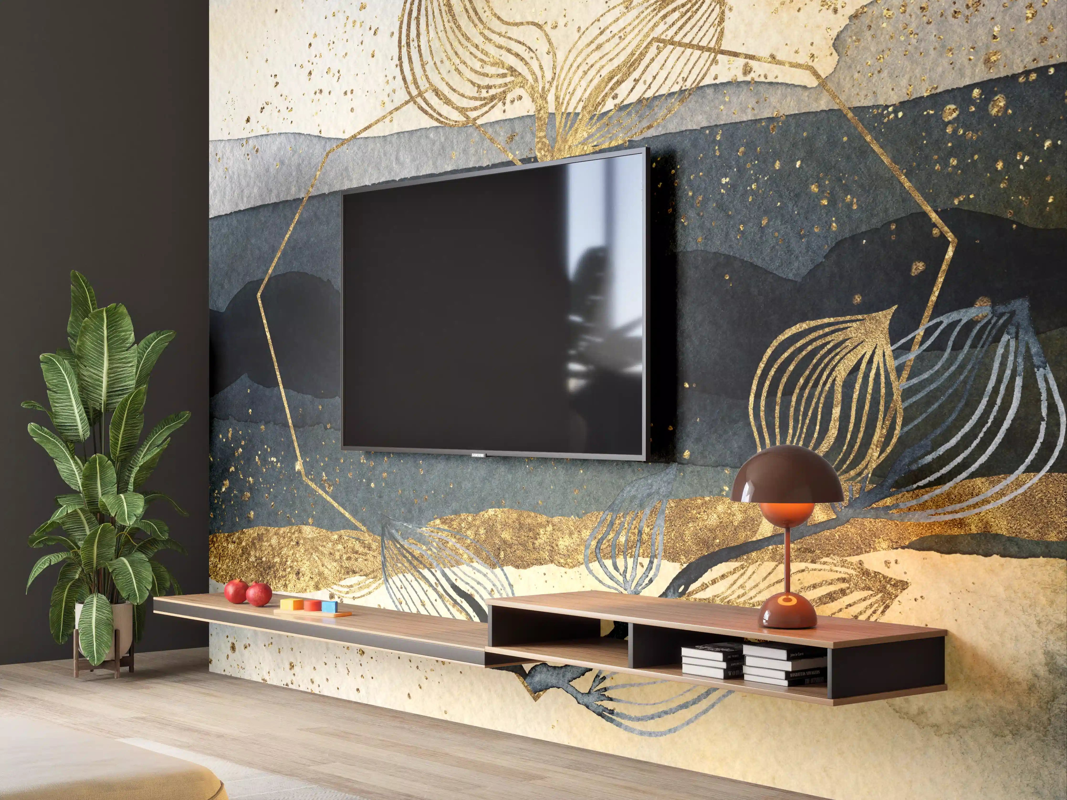 Wandverkleidung Wohnzimmer - Wasserfall im Gold- und Blauton