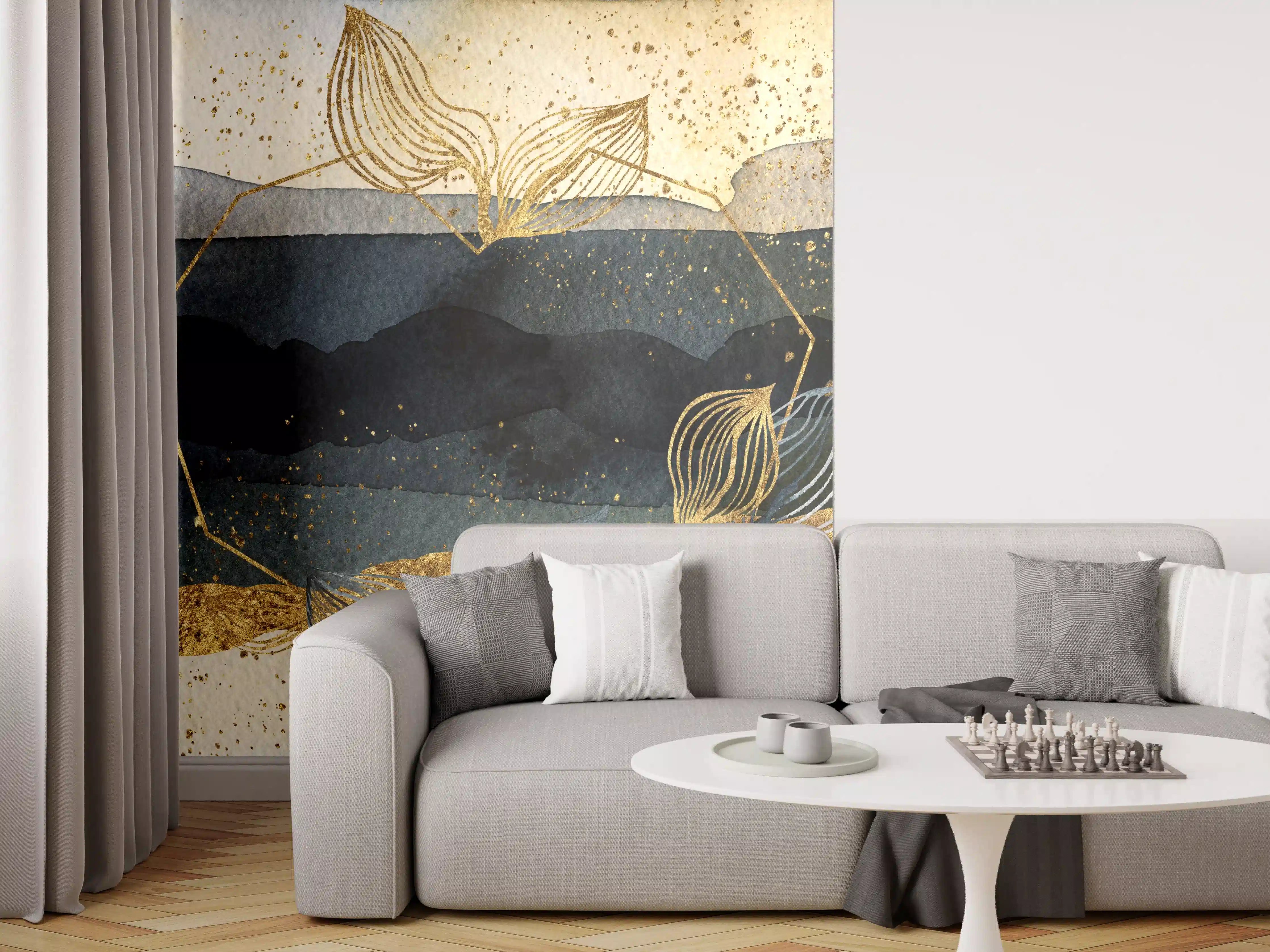 Wandverkleidung Wohnzimmer - Wasserfall im Gold- und Blauton