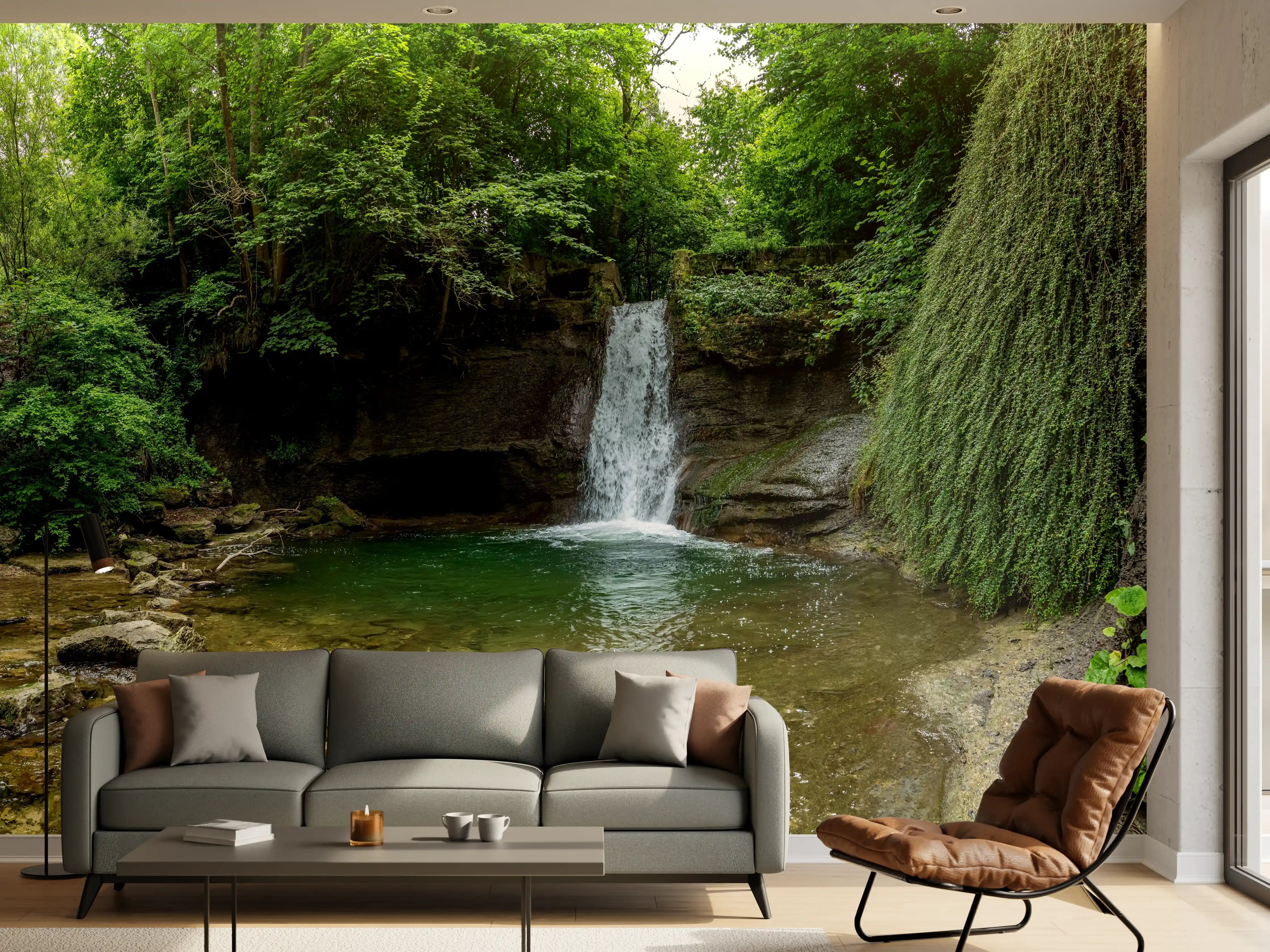 Wandverkleidung Wohnzimmer - Wasserfall im Wald - Utopie