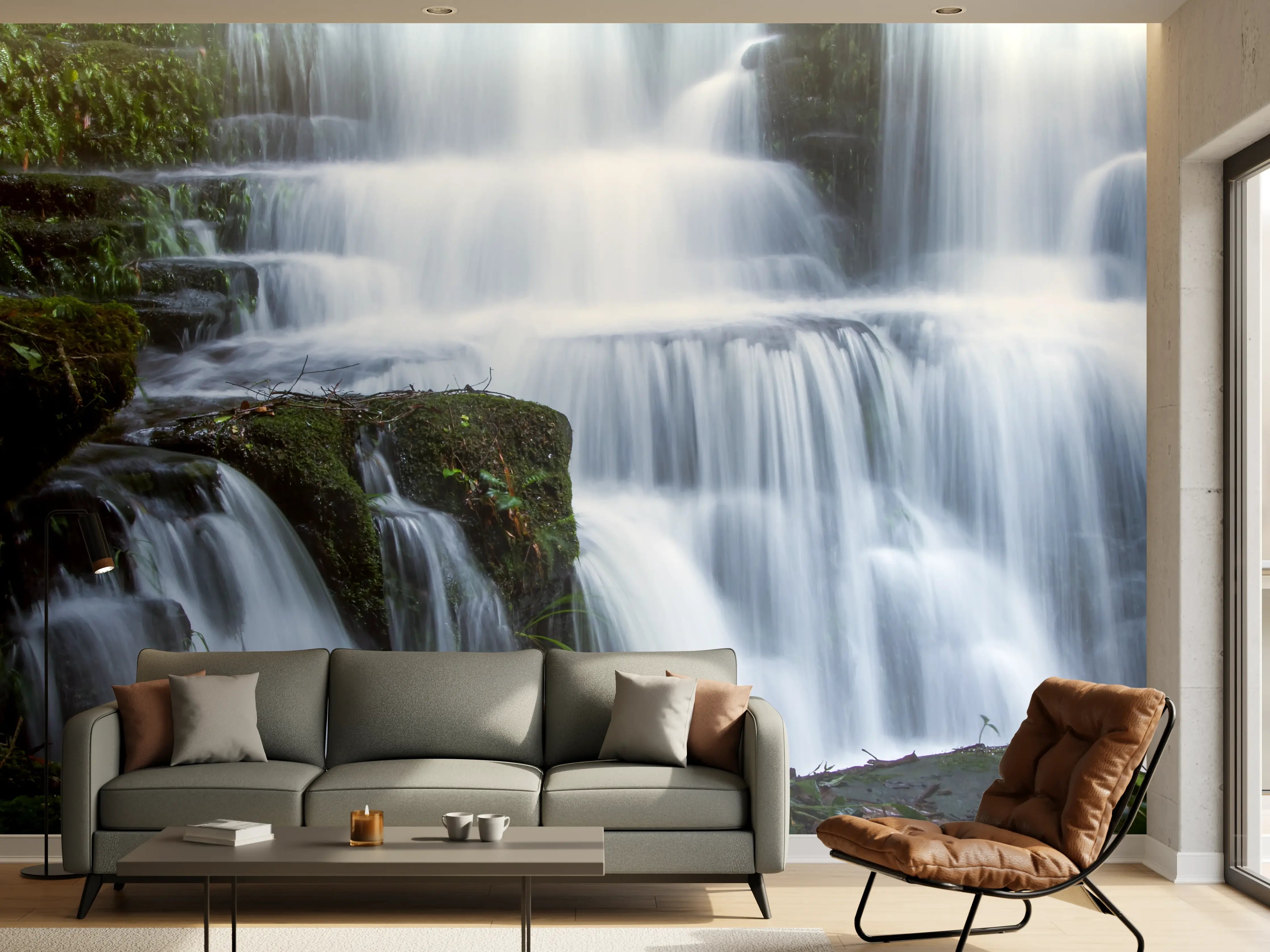 Wandverkleidung Wohnzimmer - Wasserfall im Wald mit Felsen