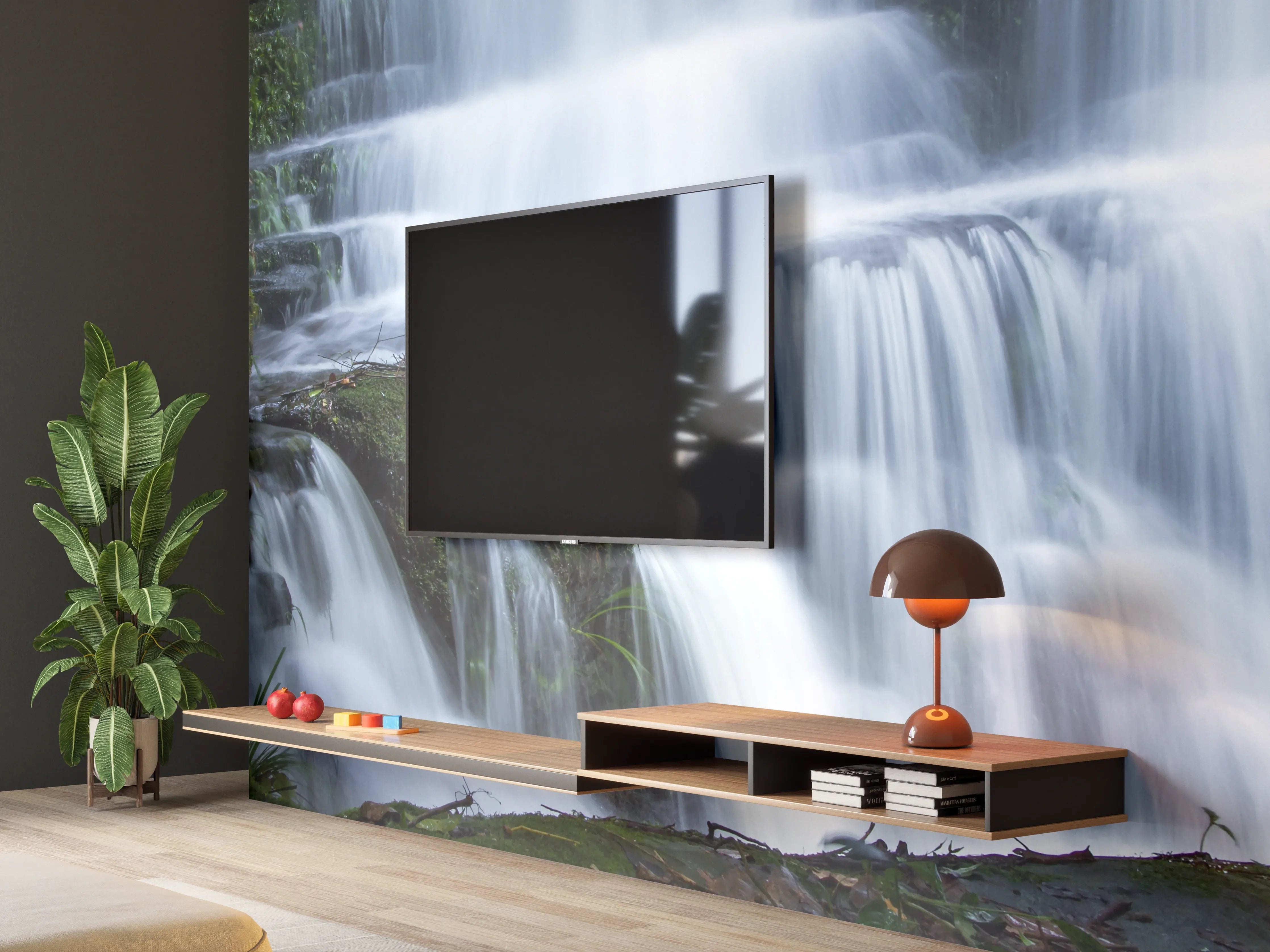 Wandverkleidung Wohnzimmer - Wasserfall im Wald mit Felsen