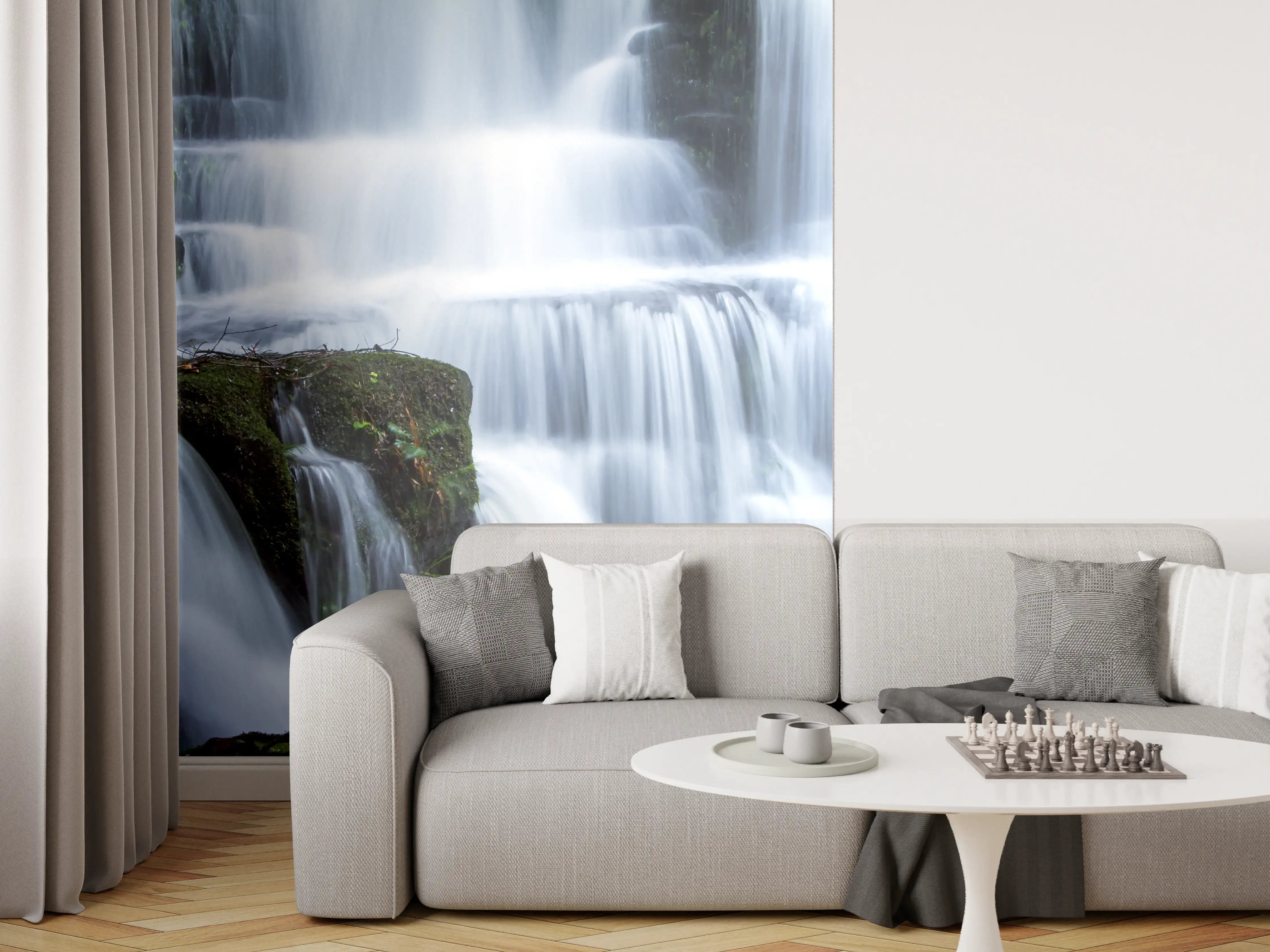 Wandverkleidung Wohnzimmer - Wasserfall im Wald mit Felsen