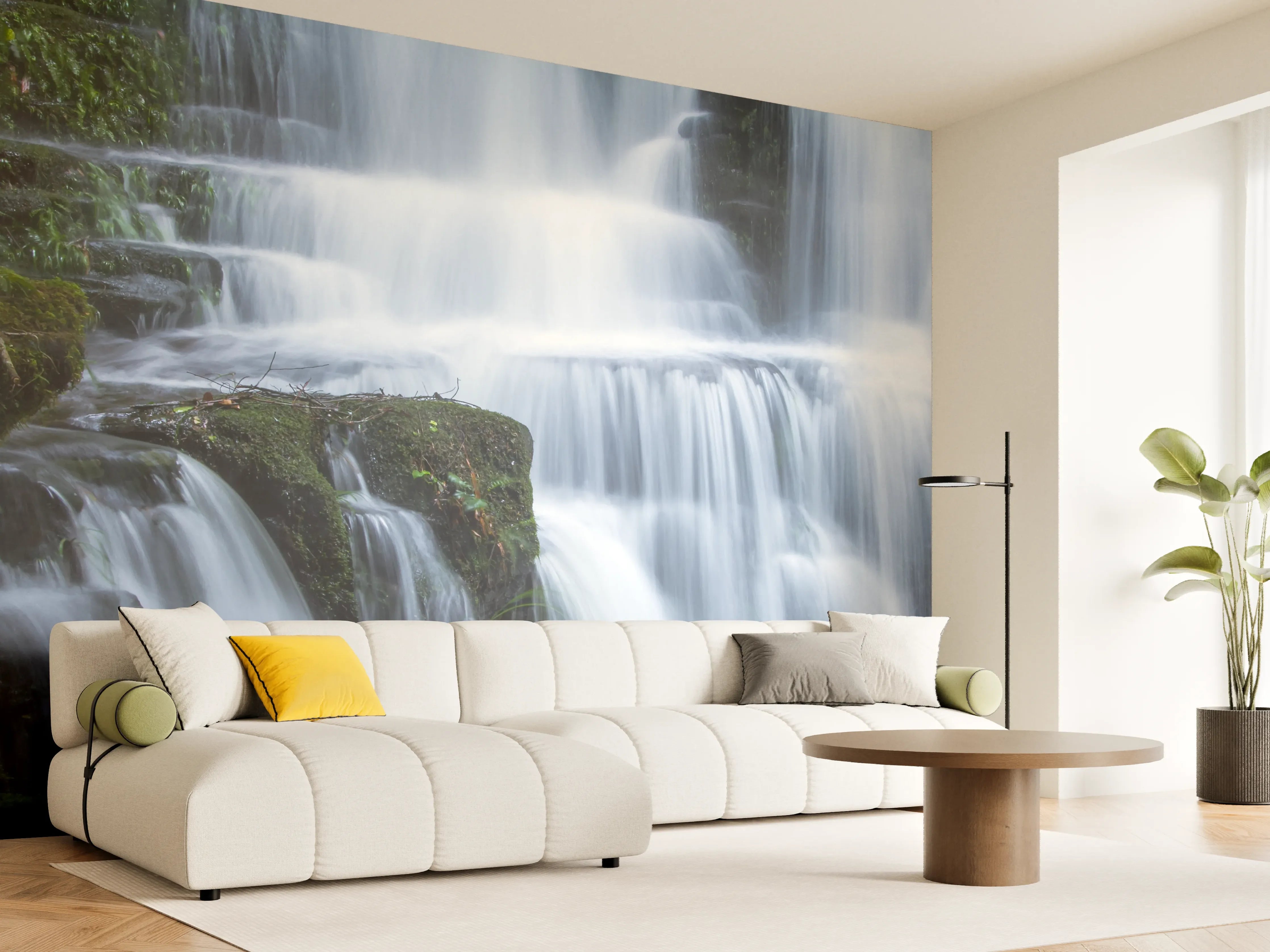 Wandverkleidung Wohnzimmer - Wasserfall im Wald mit Felsen