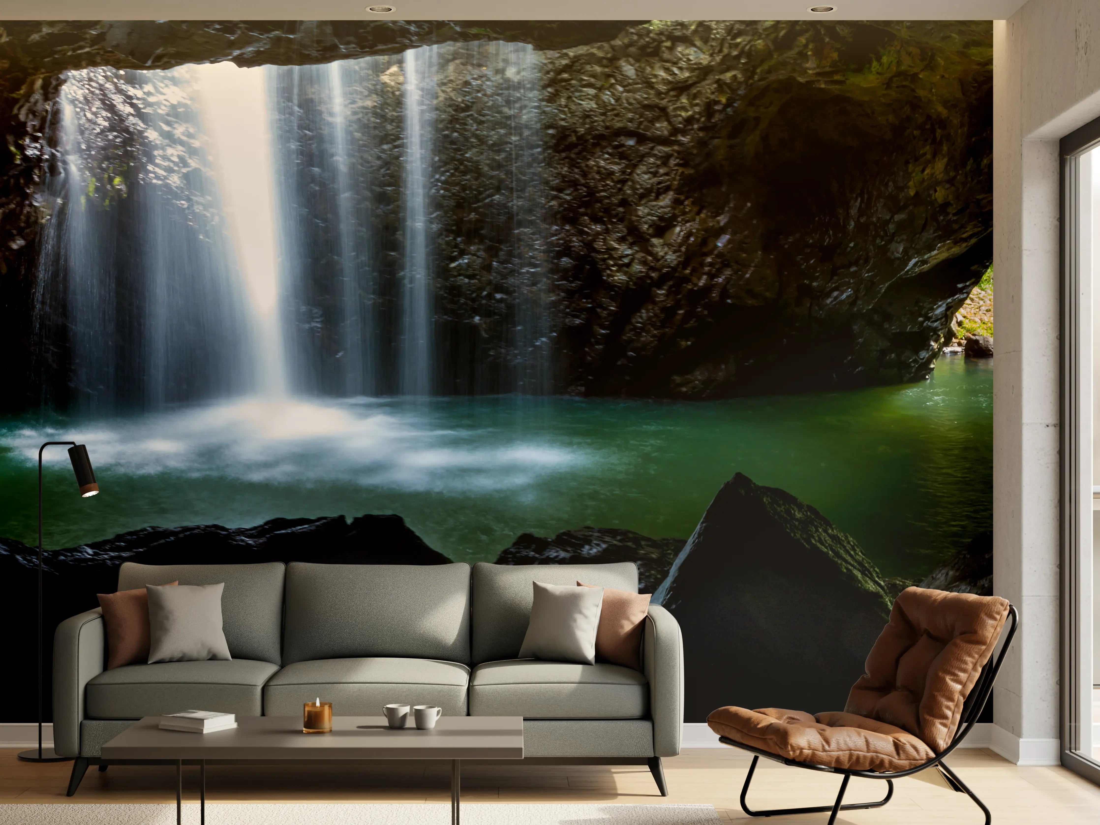 Wandverkleidung Wohnzimmer - Wasserfall in der Höhle