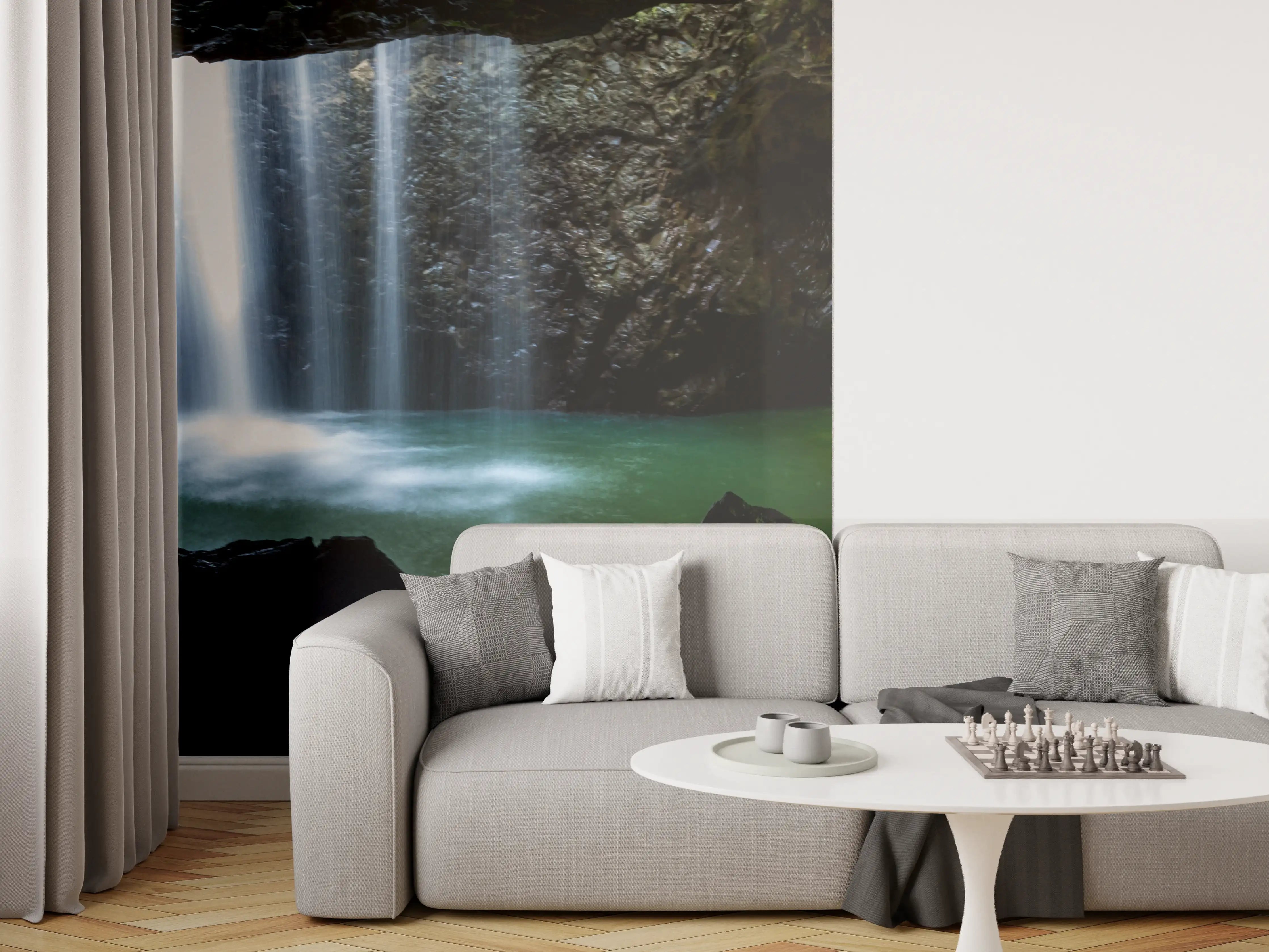 Wandverkleidung Wohnzimmer - Wasserfall in der Höhle
