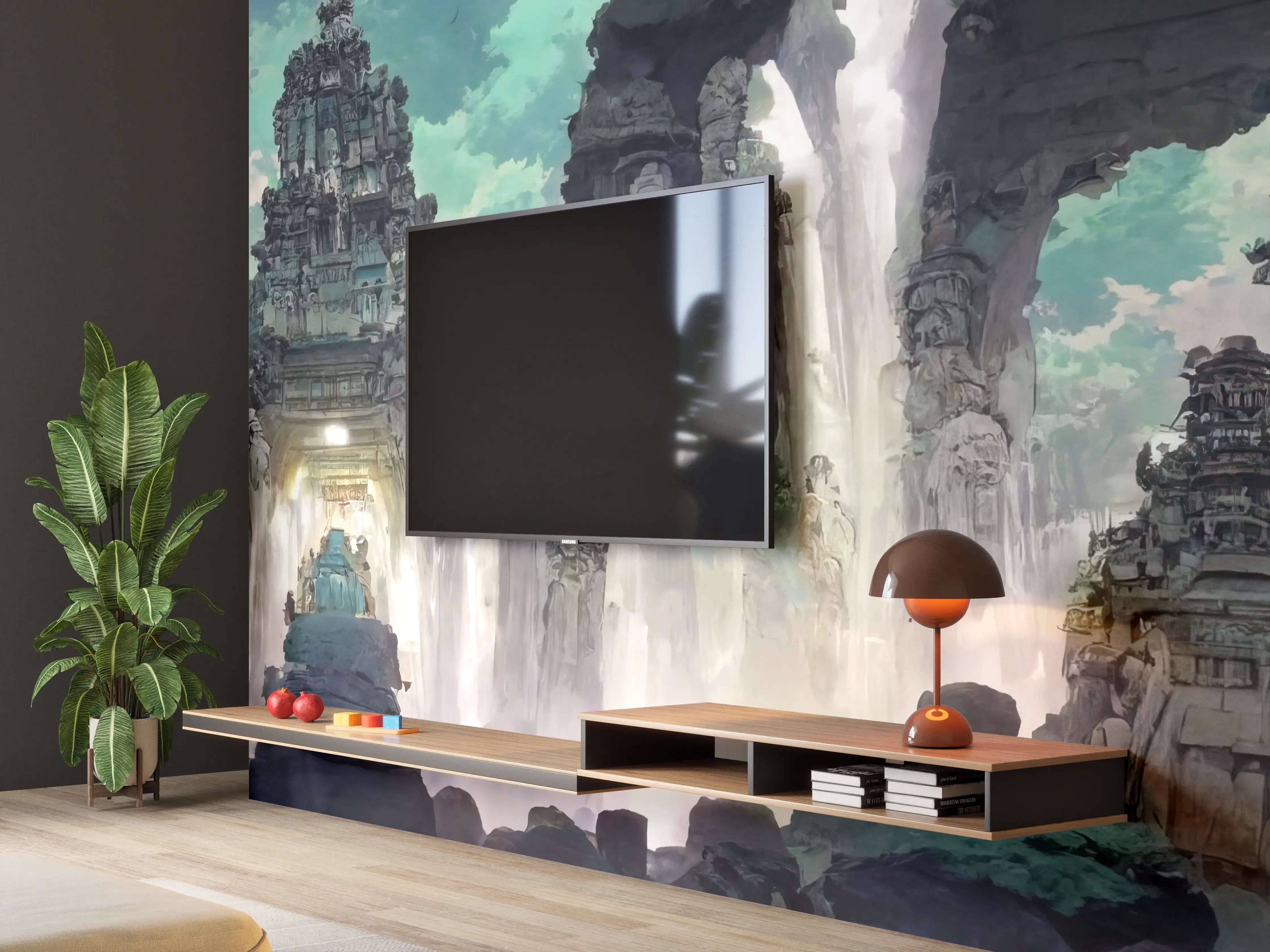 Wandverkleidung Wohnzimmer - Wasserfall in einer Höhle - Zeichnung