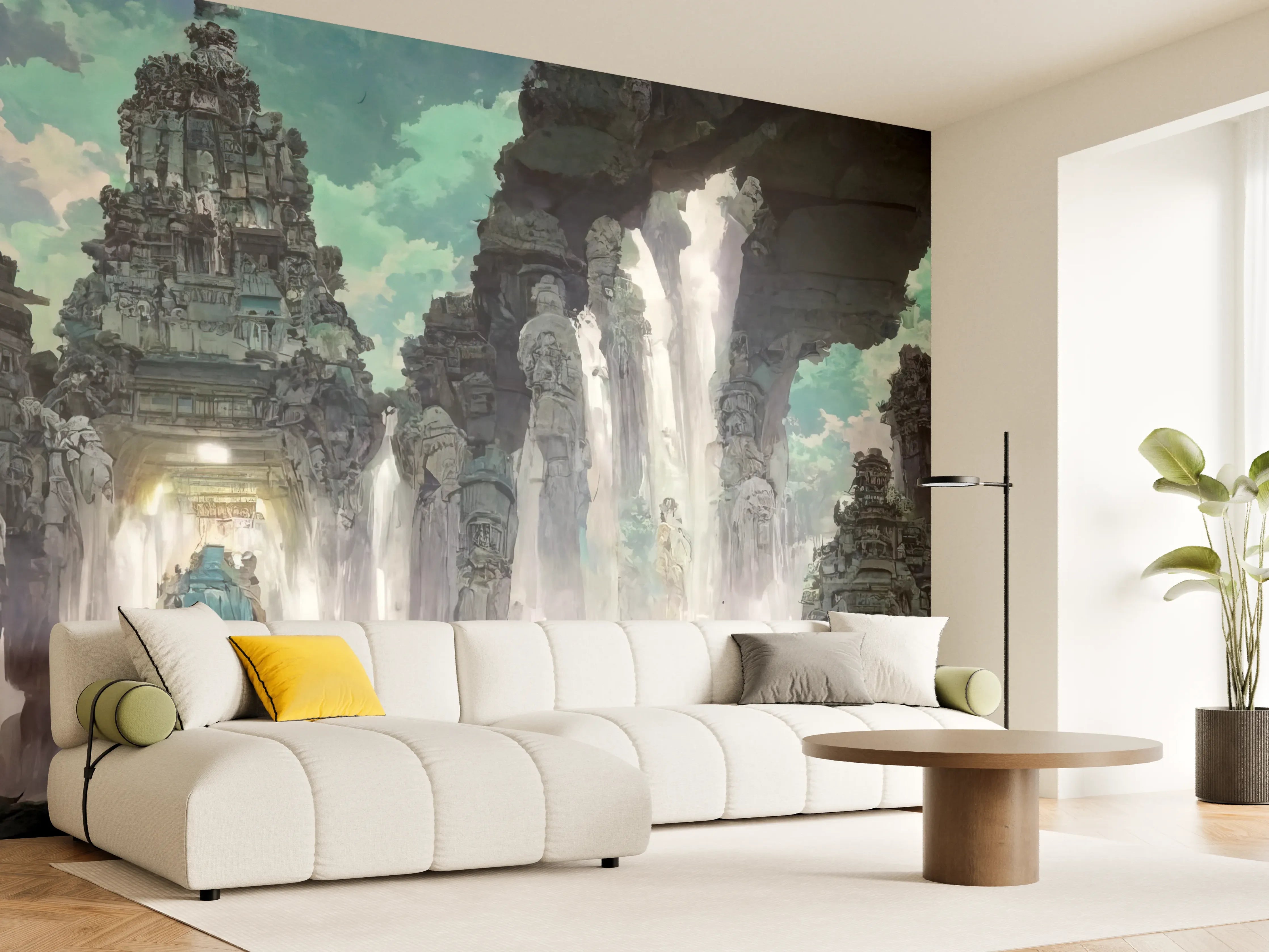 Wandverkleidung Wohnzimmer - Wasserfall in einer Höhle - Zeichnung