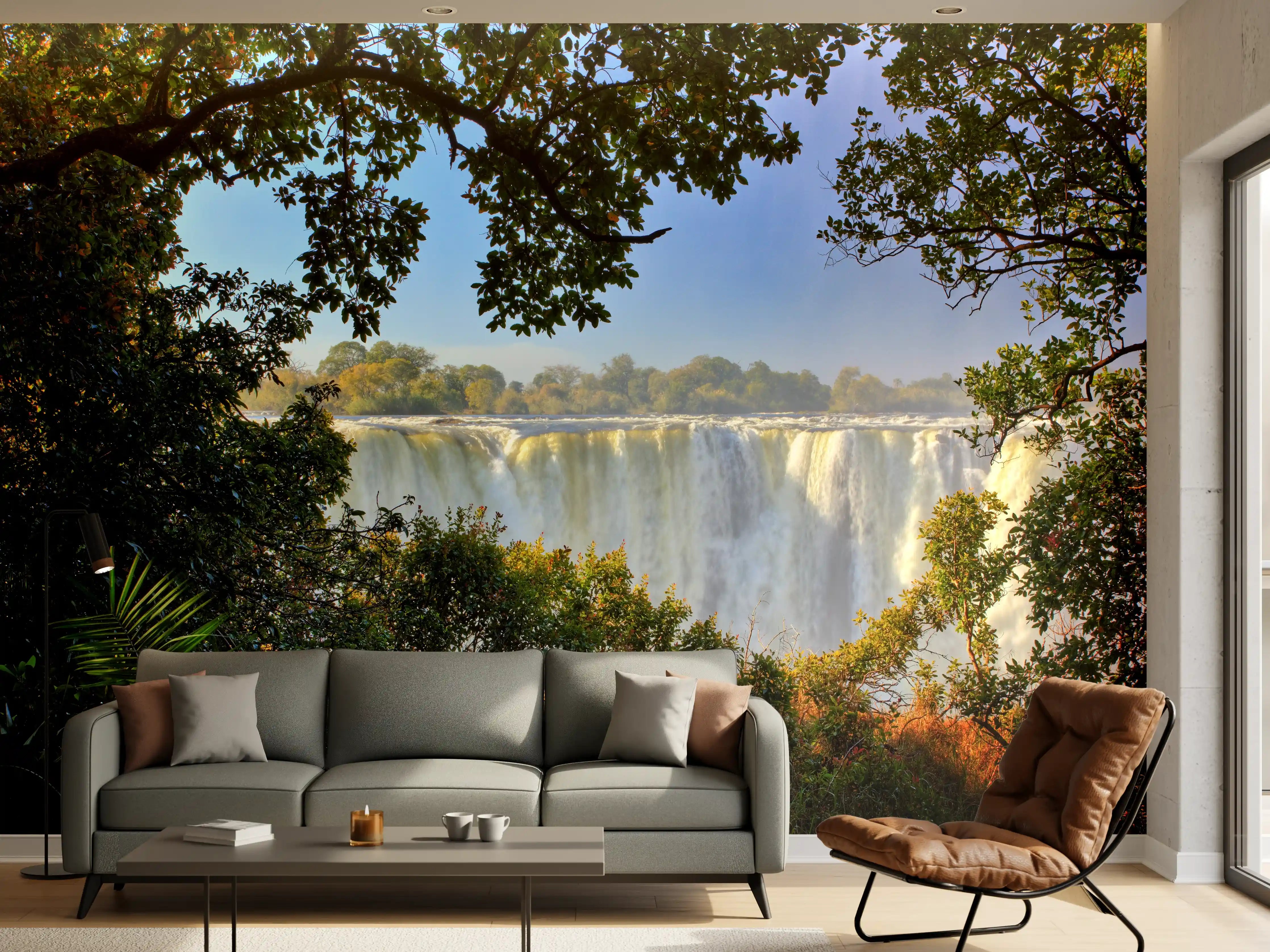 Wandverkleidung Wohnzimmer - Wasserfall inmitten der Natur