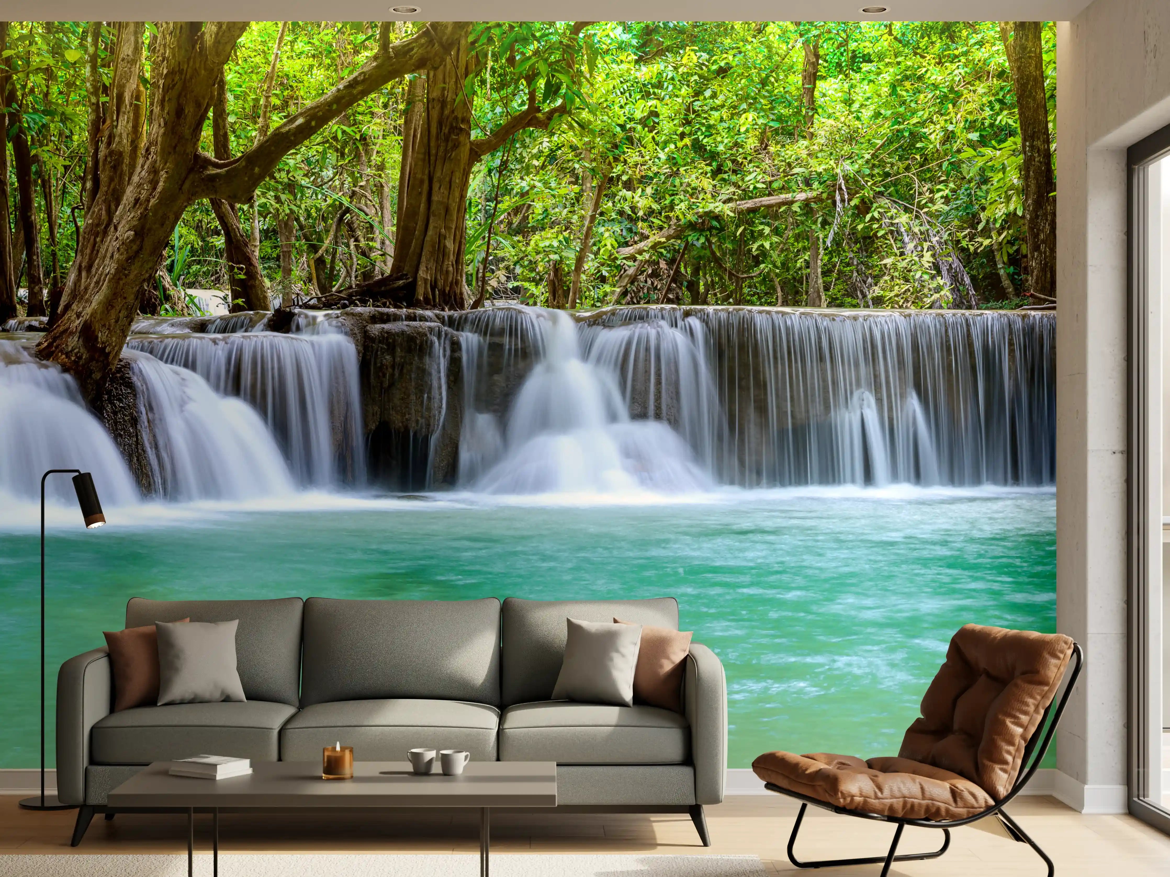 Wandverkleidung Wohnzimmer - Wasserfall tief im tropischen Wald