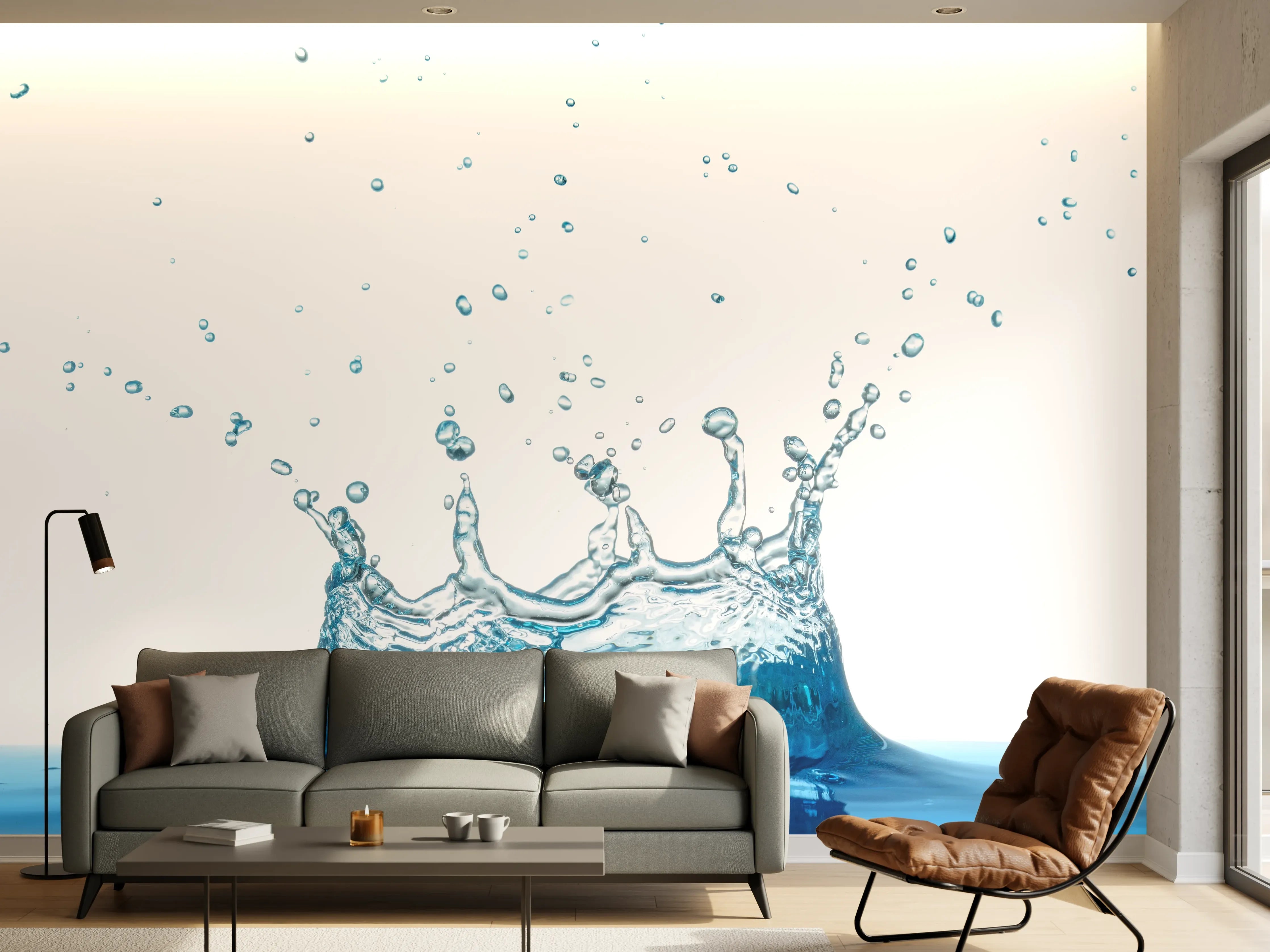 Wandverkleidung Wohnzimmer - Wassersplash in Blau und Weiß