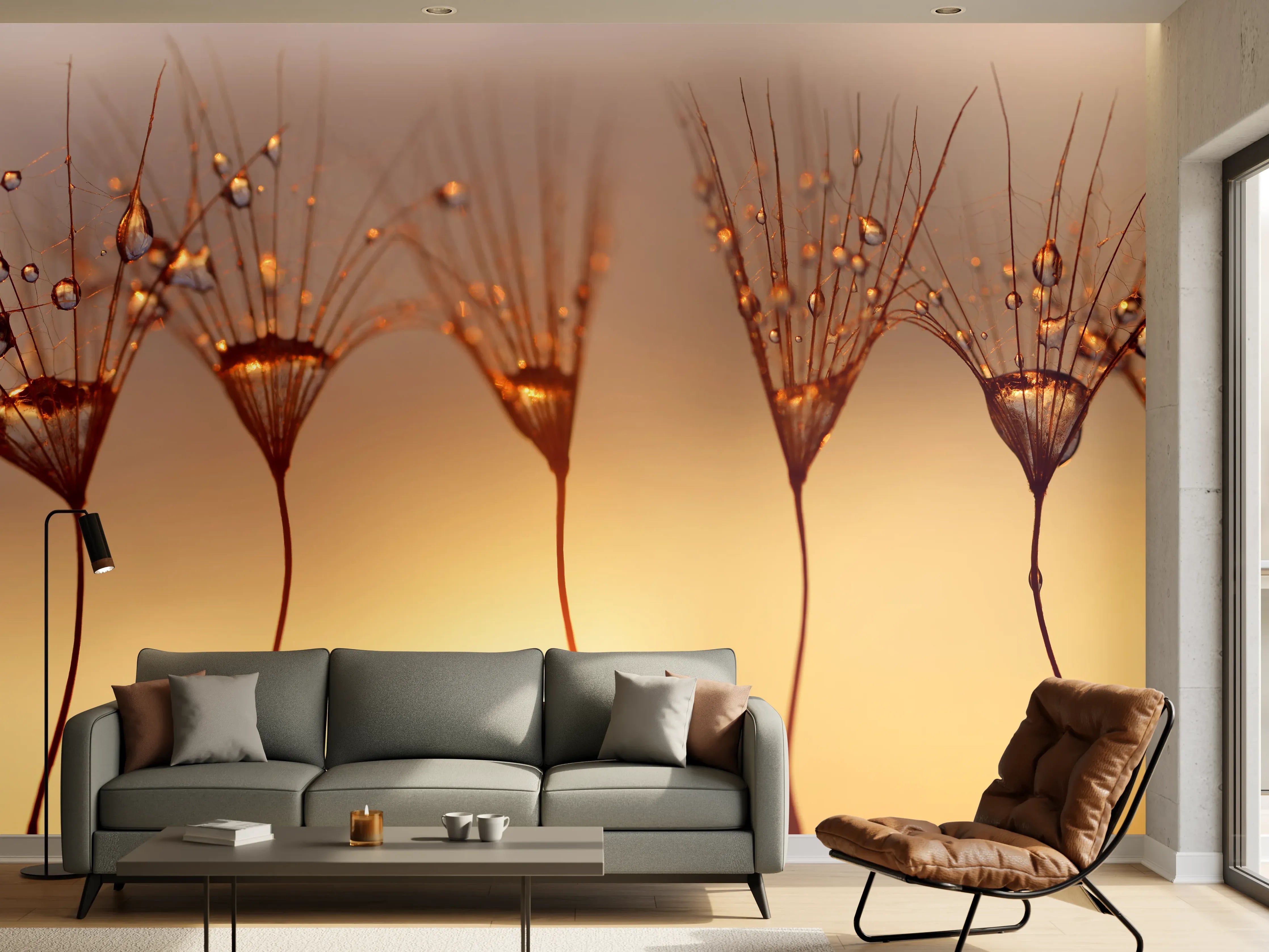 Wandverkleidung Wohnzimmer - Wassertropfen auf Löwenzahnsamen