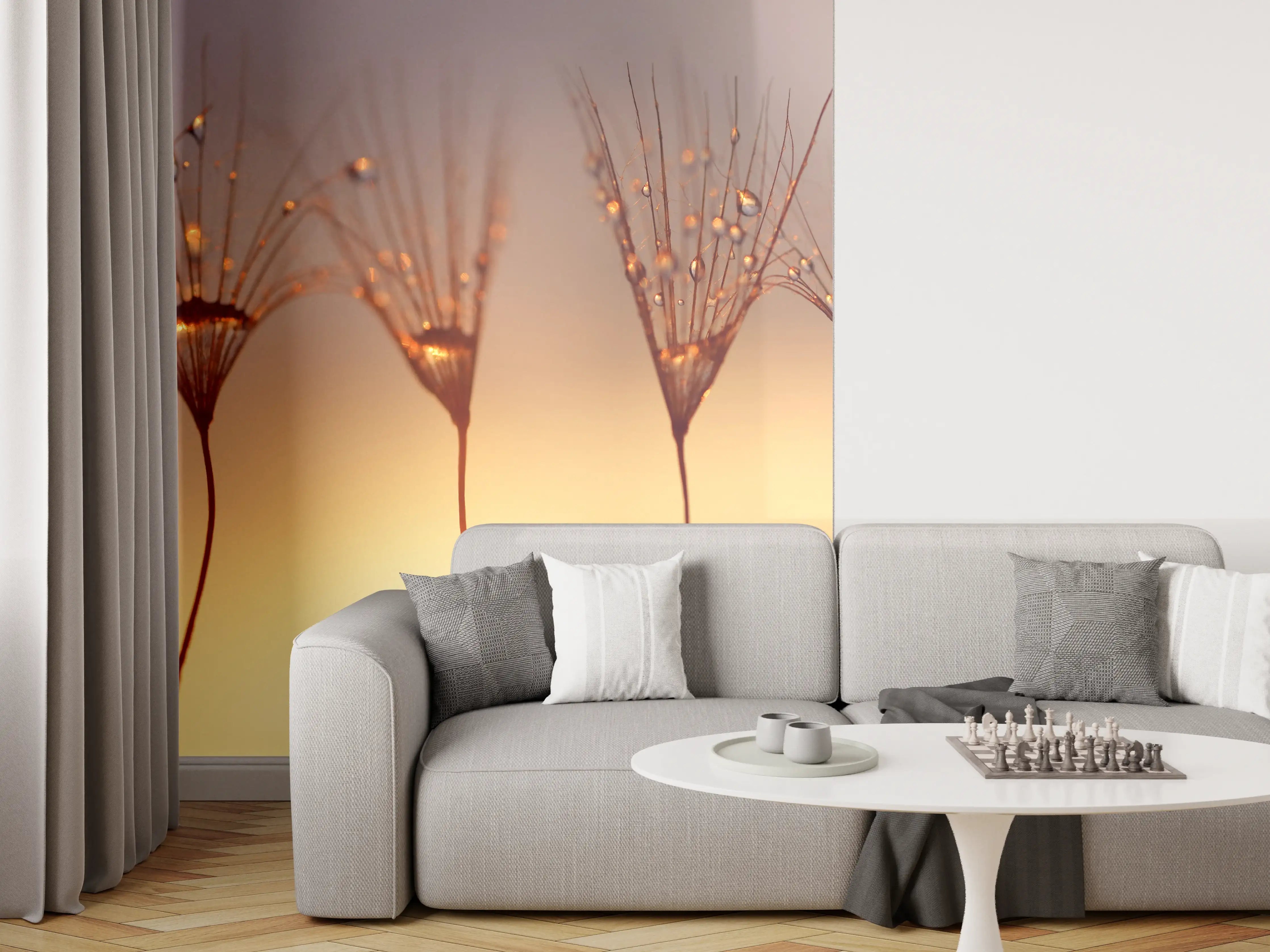 Wandverkleidung Wohnzimmer - Wassertropfen auf Löwenzahnsamen