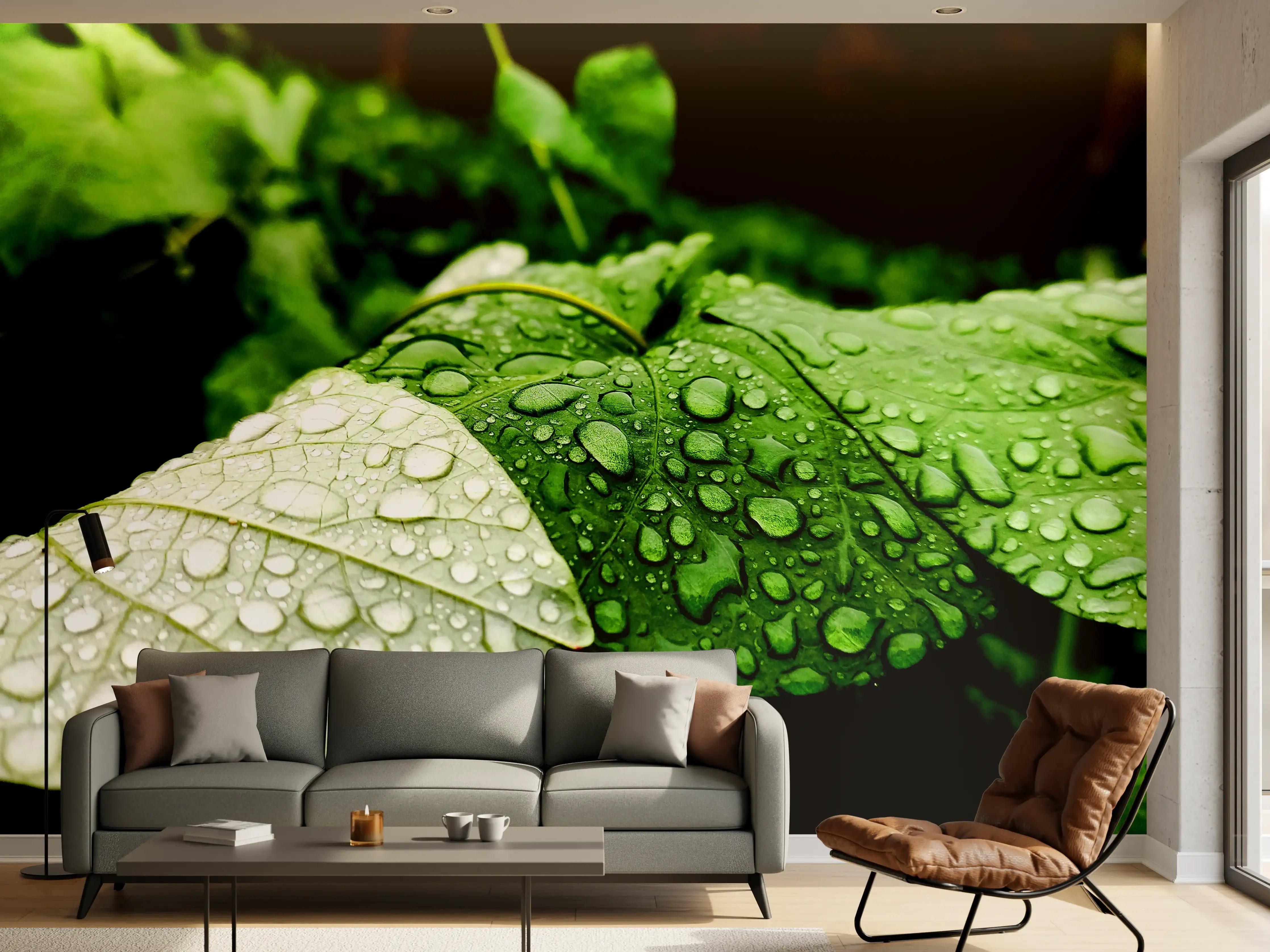 Wandverkleidung Wohnzimmer - Wassertropfen auf einem Blatt