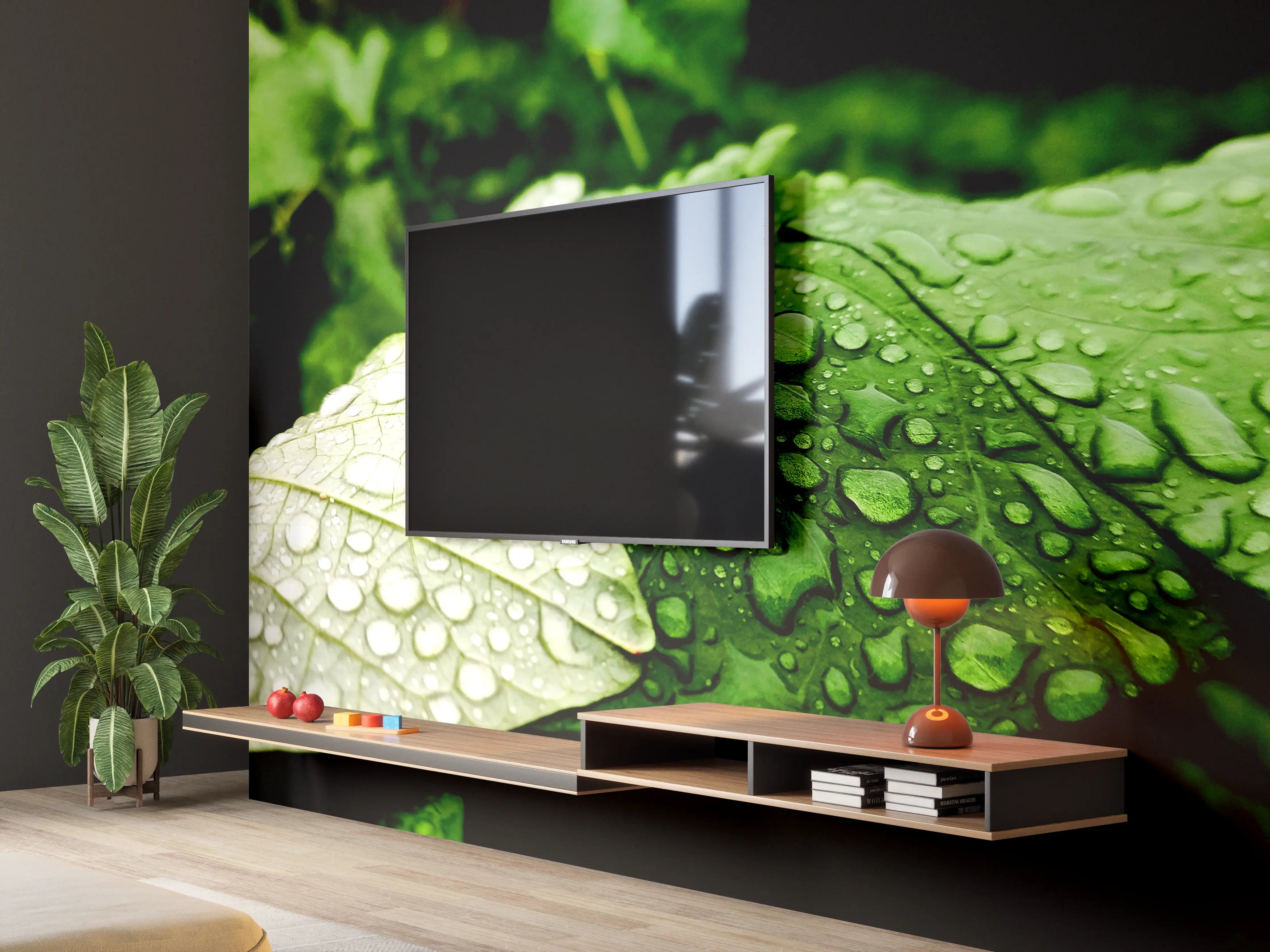 Wandverkleidung Wohnzimmer - Wassertropfen auf einem Blatt