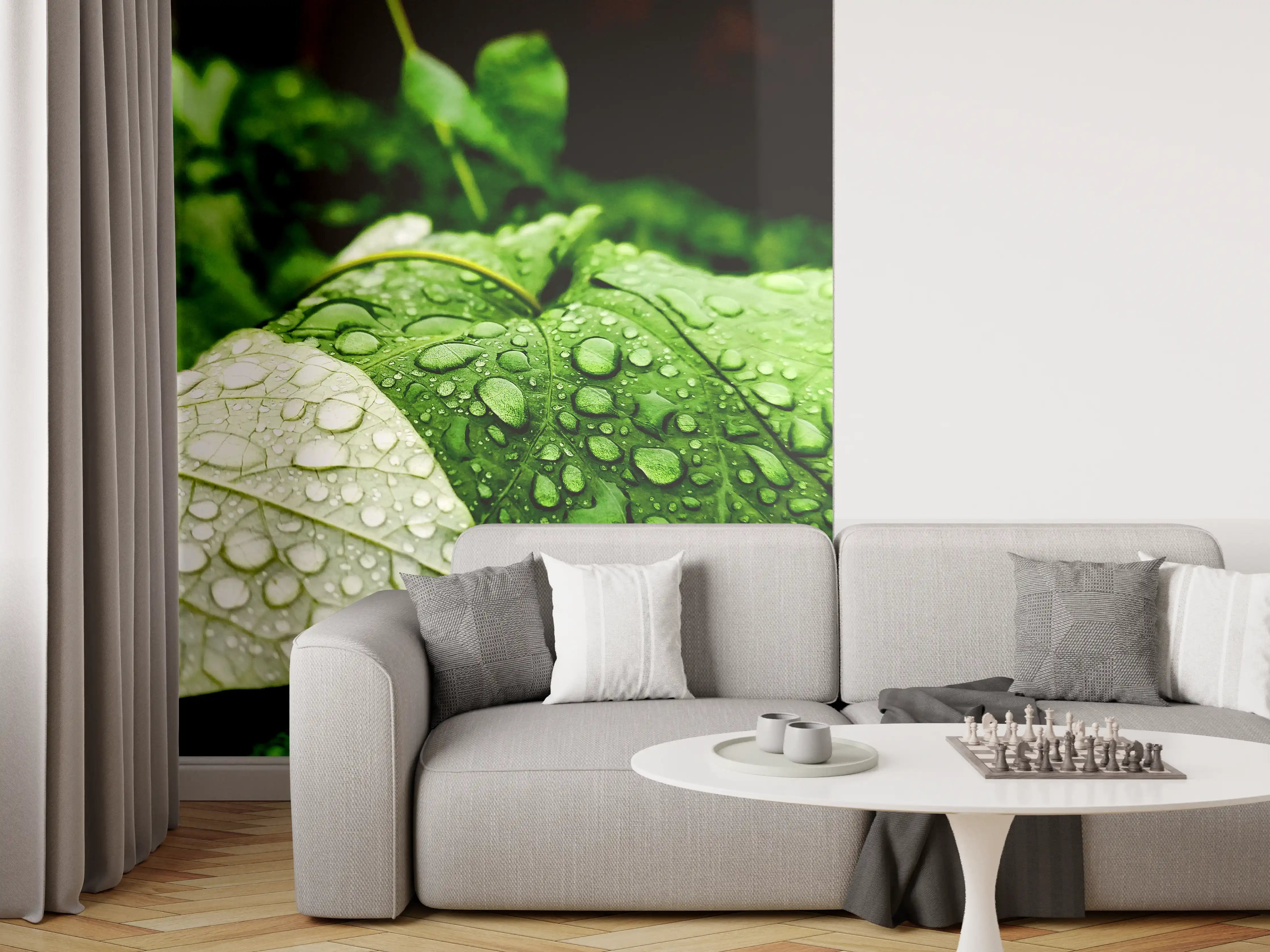 Wandverkleidung Wohnzimmer - Wassertropfen auf einem Blatt